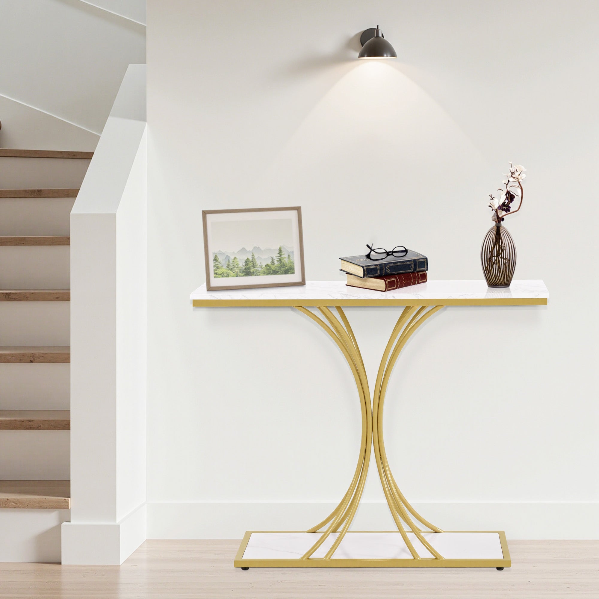 M MCombo Console Table Narrow, Entryway Table Wood Metal Frame, Hallway Table with 2 Levels, Modern Side Table for Hallway, Living Room, Anteroom, Entrance, Foyer, Marble White Gold, 30x100x80.5cm, 2226