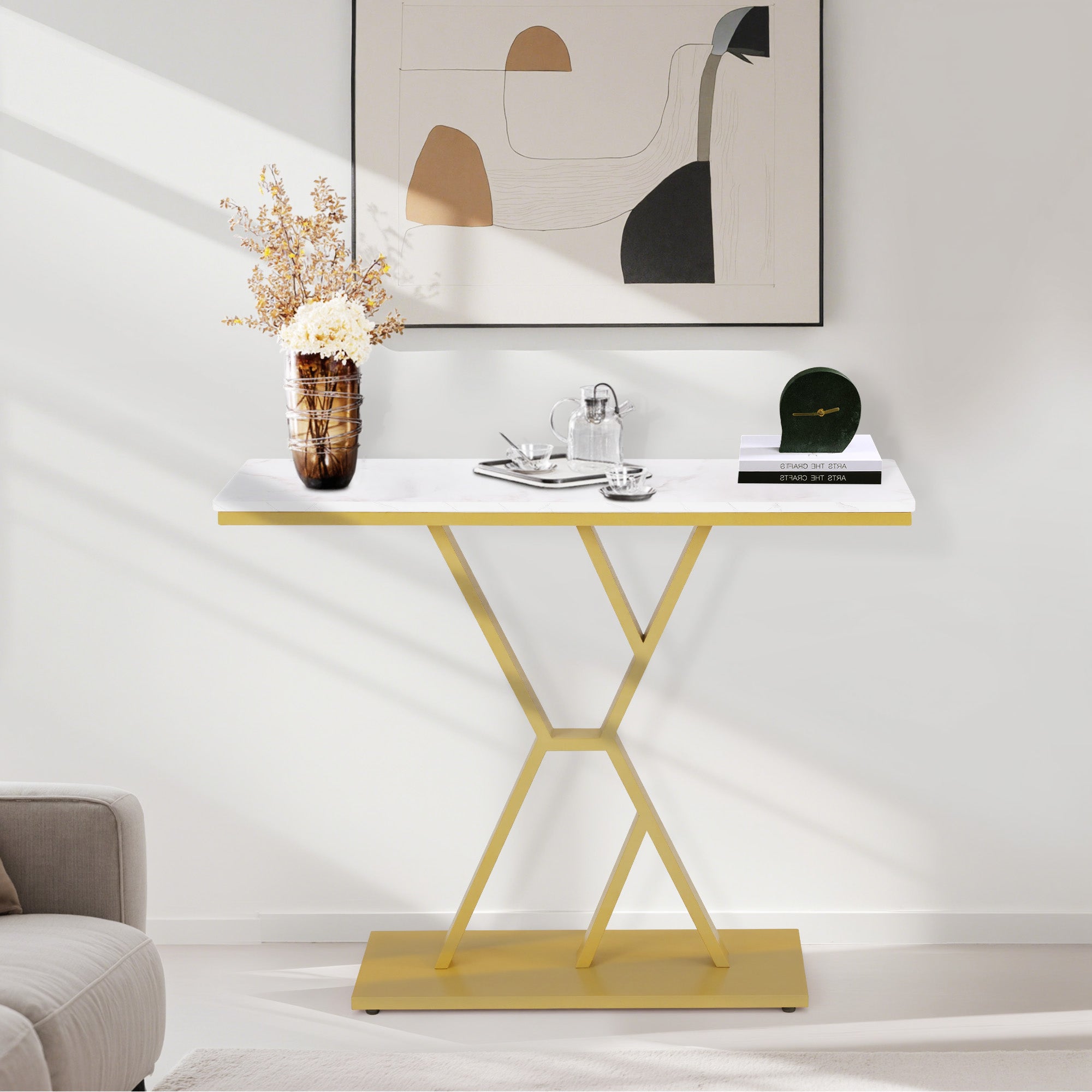 M MCombo Console Table Narrow, Entryway Table Wood Metal Frame, Hallway Table with 2 Levels, Modern Side Table for Hallway, Living Room, Anteroom, Entrance, Foyer, Marble White Gold, 30x100x80cm, 2237