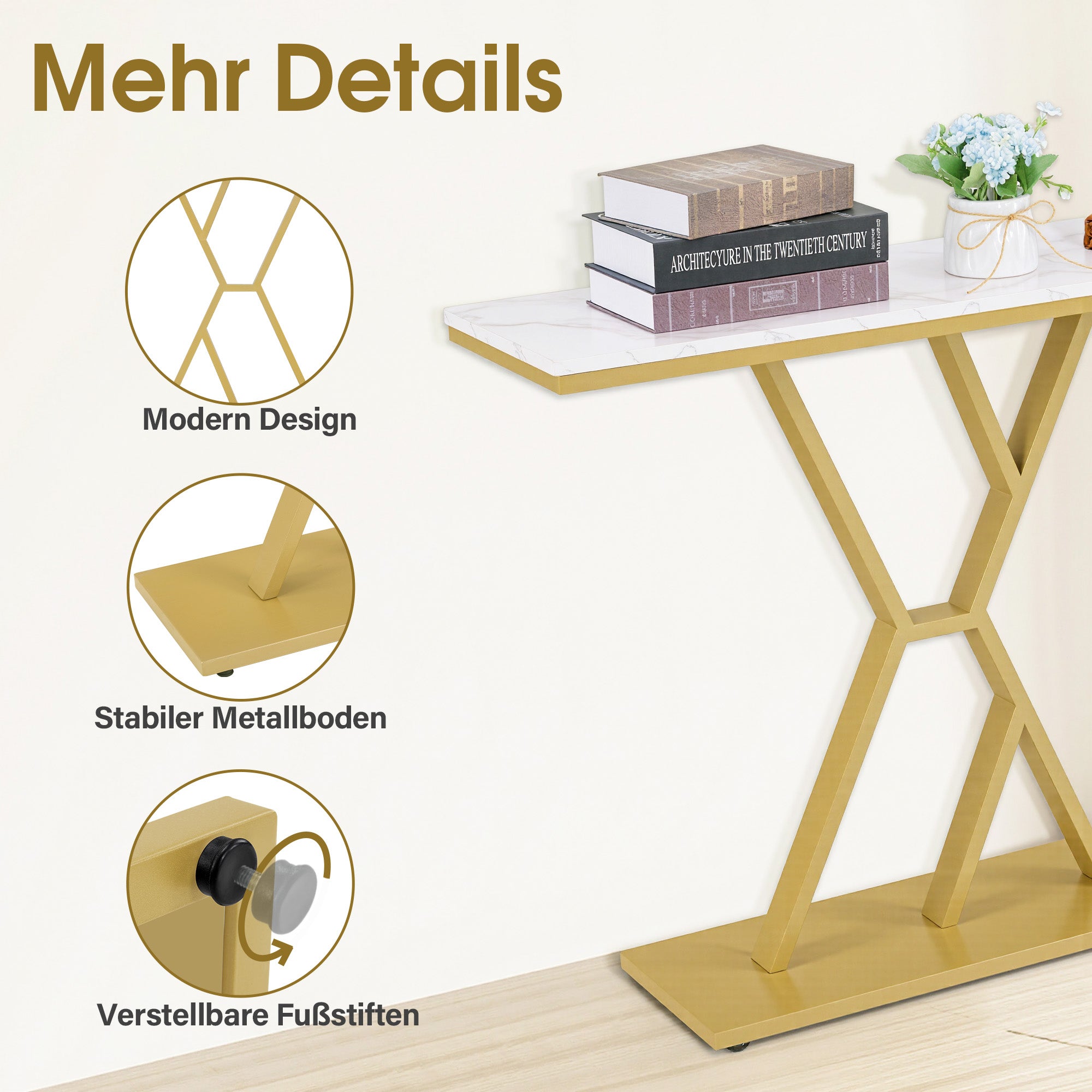 M MCombo Console Table Narrow, Entryway Table Wood Metal Frame, Hallway Table with 2 Levels, Modern Side Table for Hallway, Living Room, Anteroom, Entrance, Foyer, Marble White Gold, 30x100x80cm, 2237