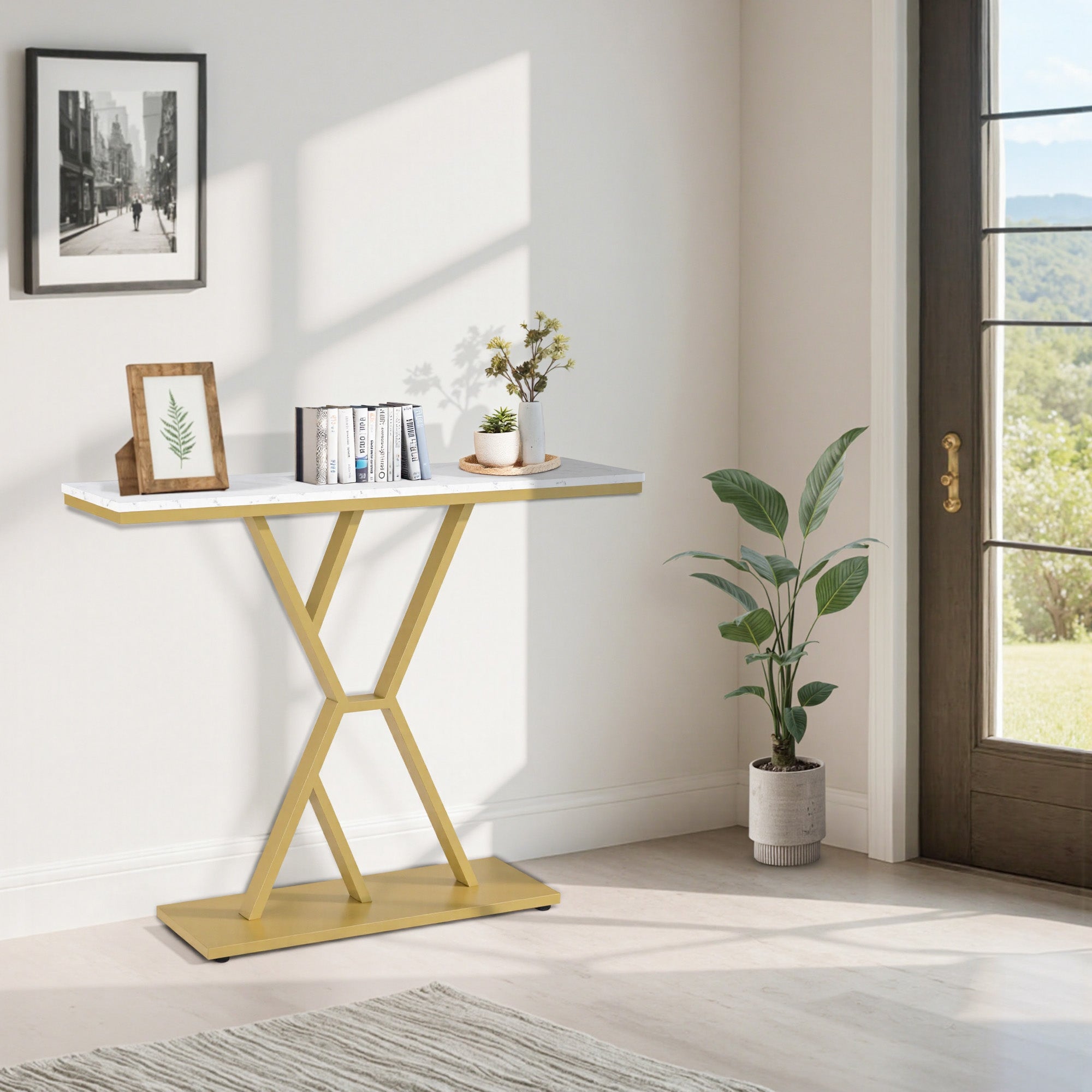 M MCombo Console Table Narrow, Entryway Table Wood Metal Frame, Hallway Table with 2 Levels, Modern Side Table for Hallway, Living Room, Anteroom, Entrance, Foyer, Marble White Gold, 30x100x80cm, 2237