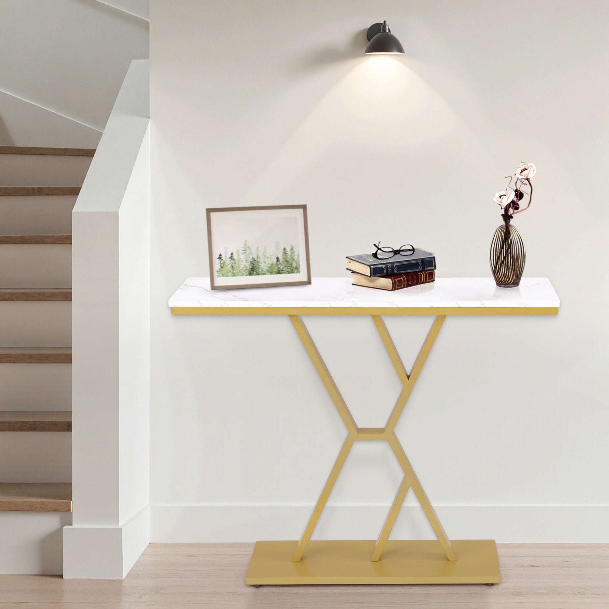 M MCombo Console Table Narrow, Entryway Table Wood Metal Frame, Hallway Table with 2 Levels, Modern Side Table for Hallway, Living Room, Anteroom, Entrance, Foyer, Marble White Gold, 30x100x80cm, 2237