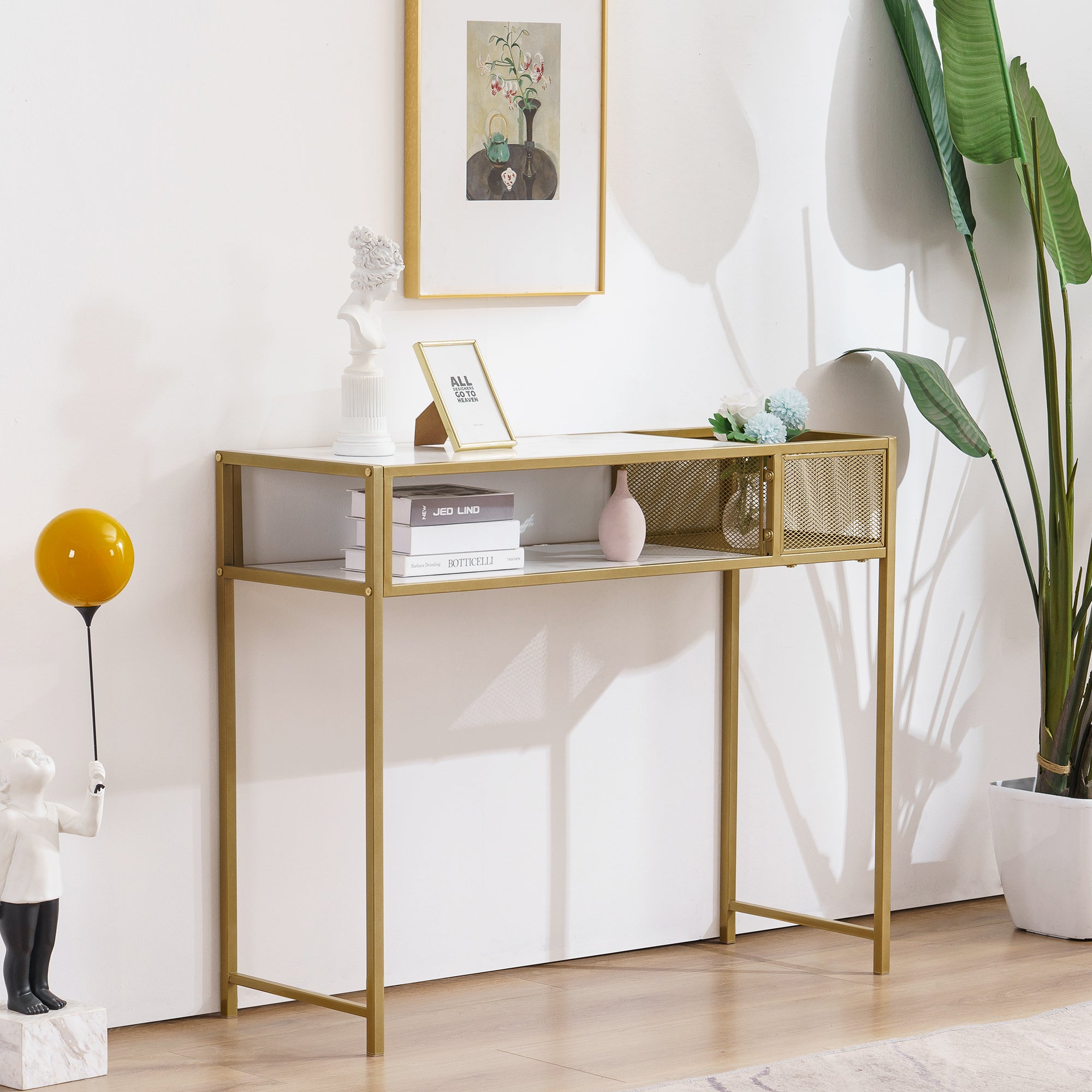 M MCombo Console Table Slim Marble Gold, Modern Side Table with 2 Shelves & Metal Frame, Entrance Table for Hallway Living Room Bedroom, 110×40×90cm, 2276