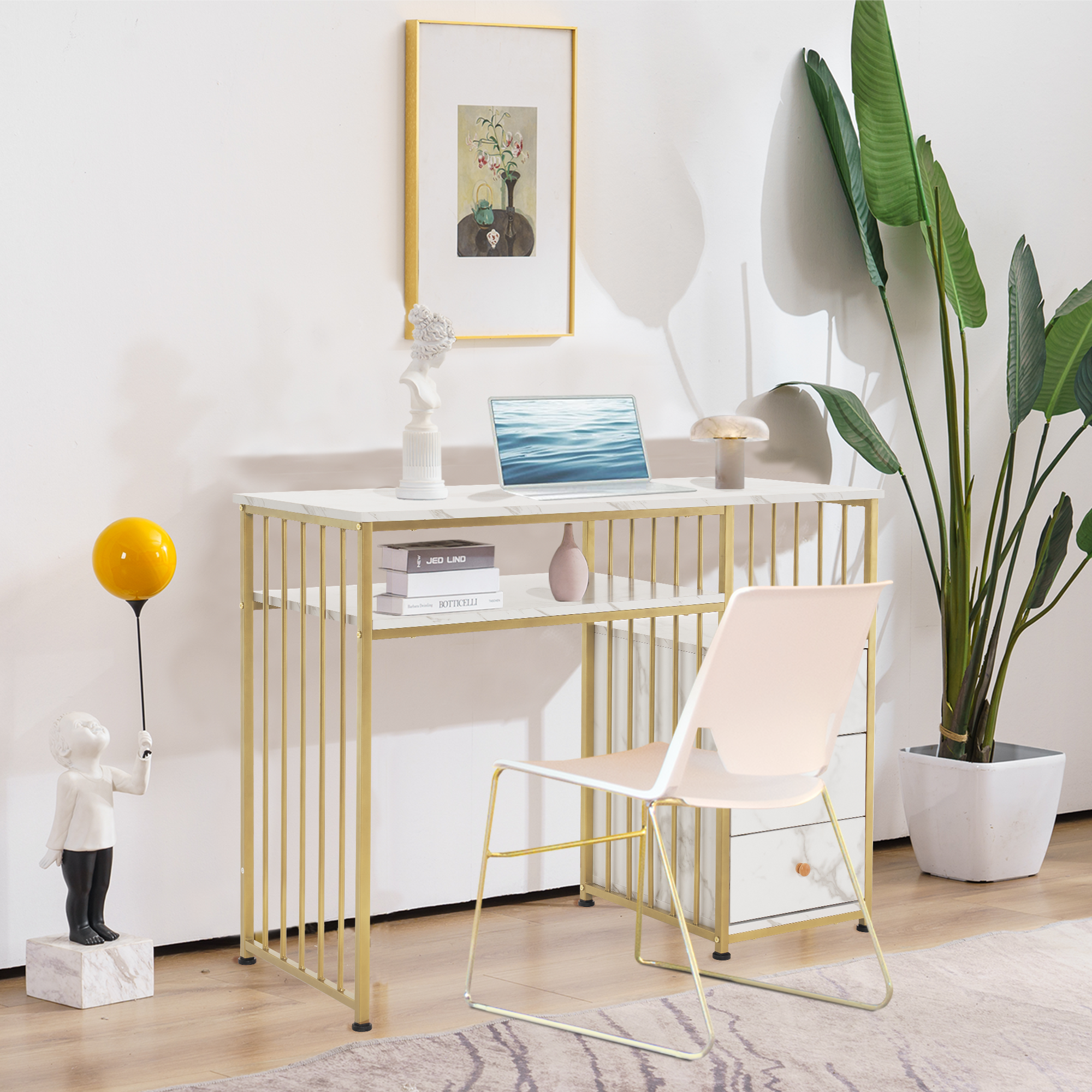 M MCombo Desk with Drawers, Dressing Table without Mirror, Wooden Nail Table with Metal Frame, Computer Desk for Living Room, Modern, 109 x 45.5 x 81cm, 2407