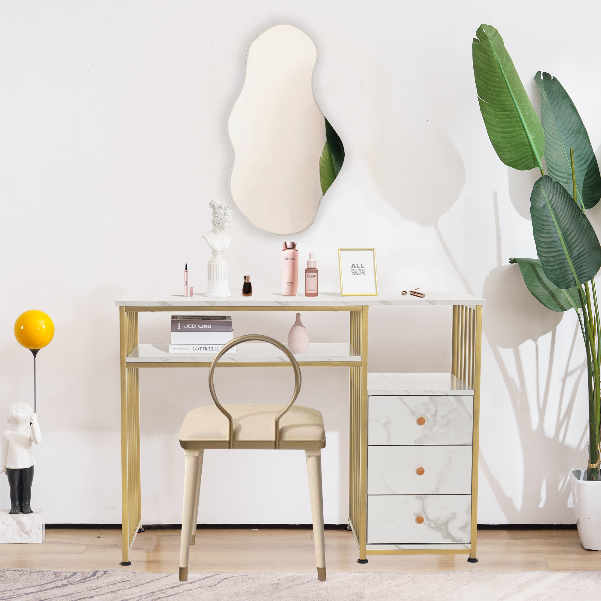 M MCombo Desk with Drawers, Dressing Table without Mirror, Wooden Nail Table with Metal Frame, Computer Desk for Living Room, Modern, 109 x 45.5 x 81cm, 2407