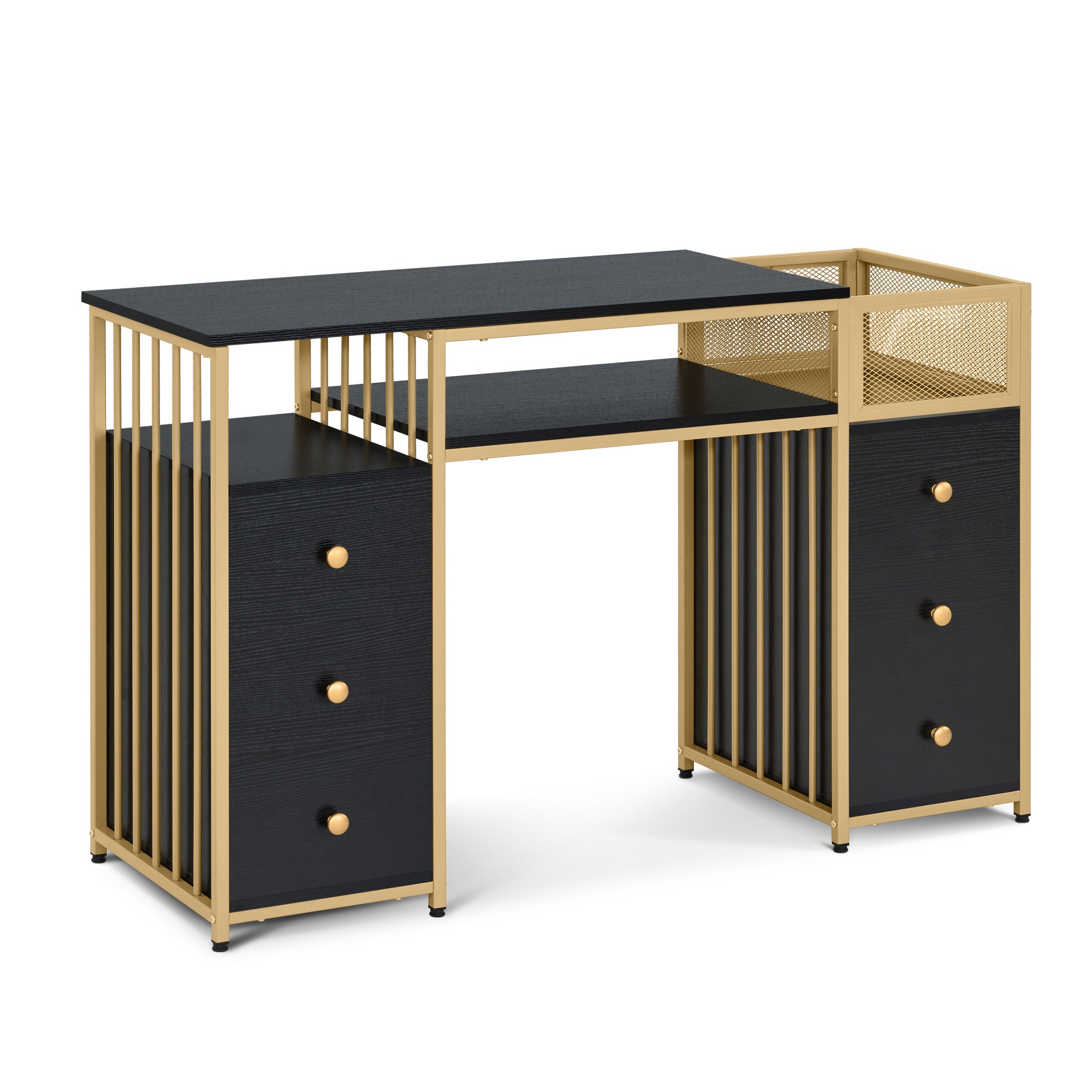M MCombo Desk with 6 Drawers, Wooden Nail Table with Metal Frame, Manicure Table, Dressing Table without Mirror Modern, Computer Desk with Shelves Living Room, 46x125x81cm, 2425