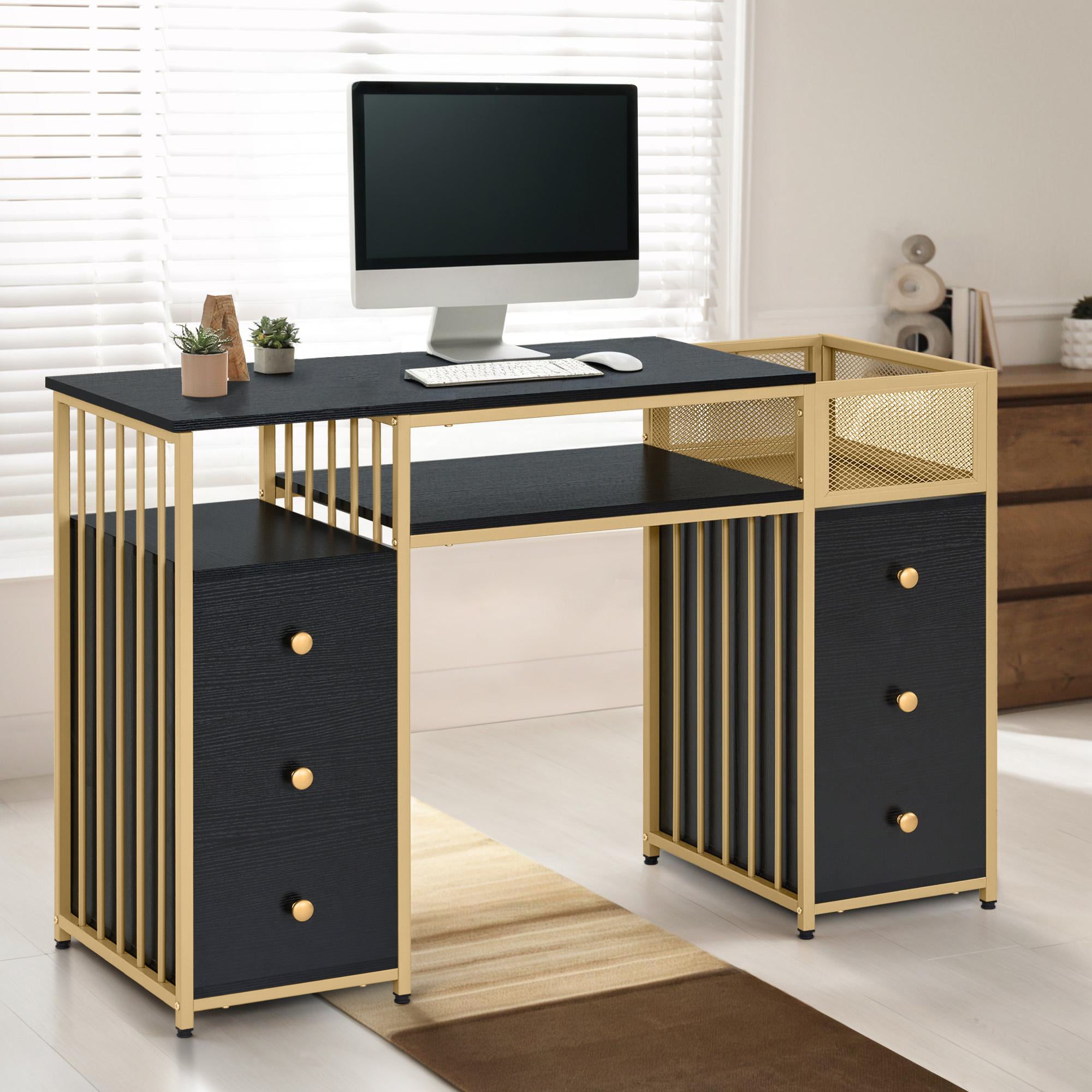 M MCombo Desk with 6 Drawers, Wooden Nail Table with Metal Frame, Manicure Table, Dressing Table without Mirror Modern, Computer Desk with Shelves Living Room, 46x125x81cm, 2425