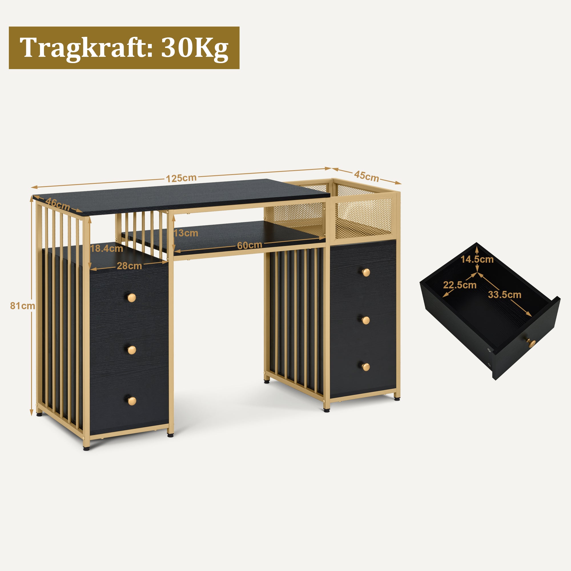 M MCombo Desk with 6 Drawers, Wooden Nail Table with Metal Frame, Manicure Table, Dressing Table without Mirror Modern, Computer Desk with Shelves Living Room, 46x125x81cm, 2425
