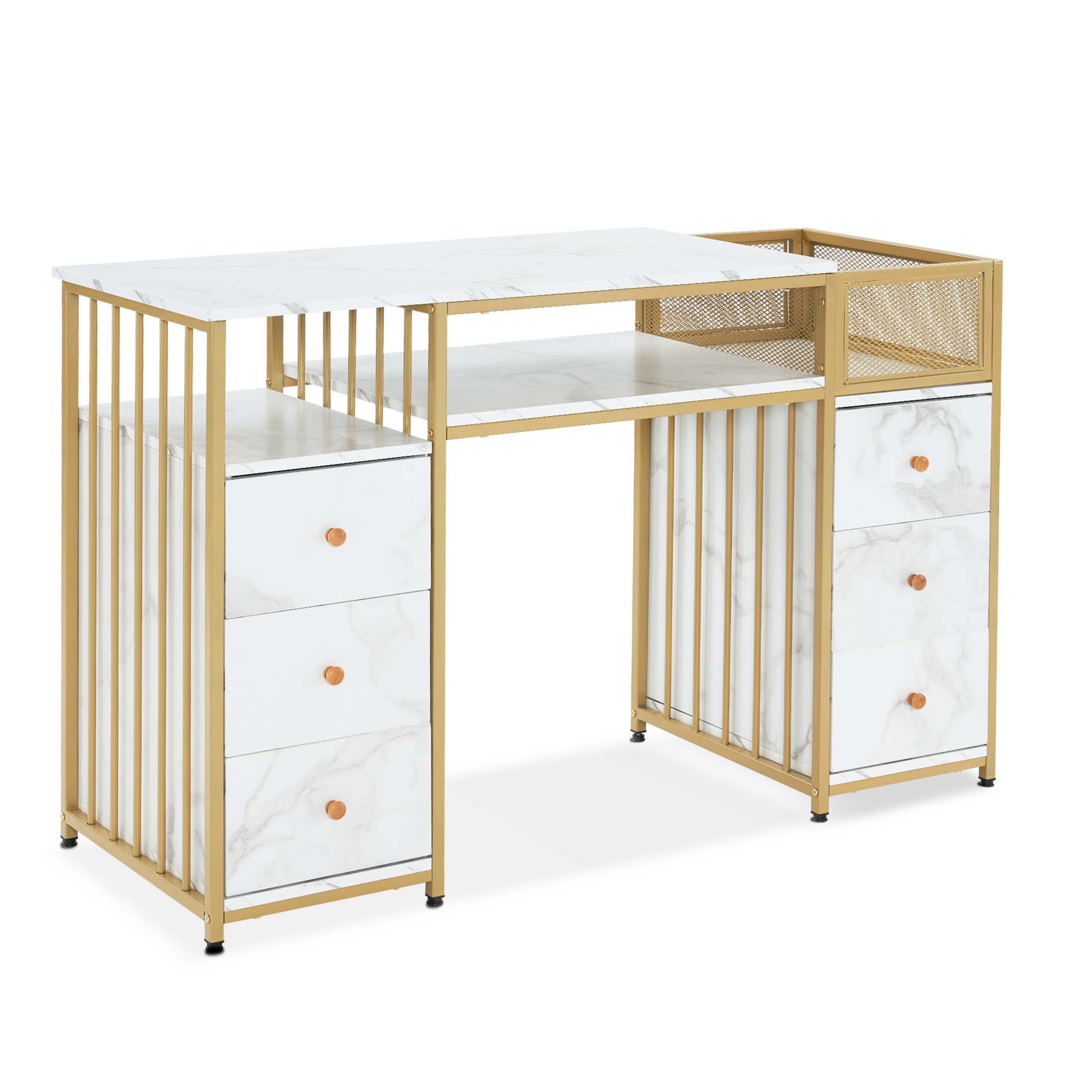 M MCombo Desk with 6 Drawers, Wooden Nail Table with Metal Frame, Manicure Table, Dressing Table without Mirror Modern, Computer Desk with Shelves Living Room, 46x125x81cm, 2425