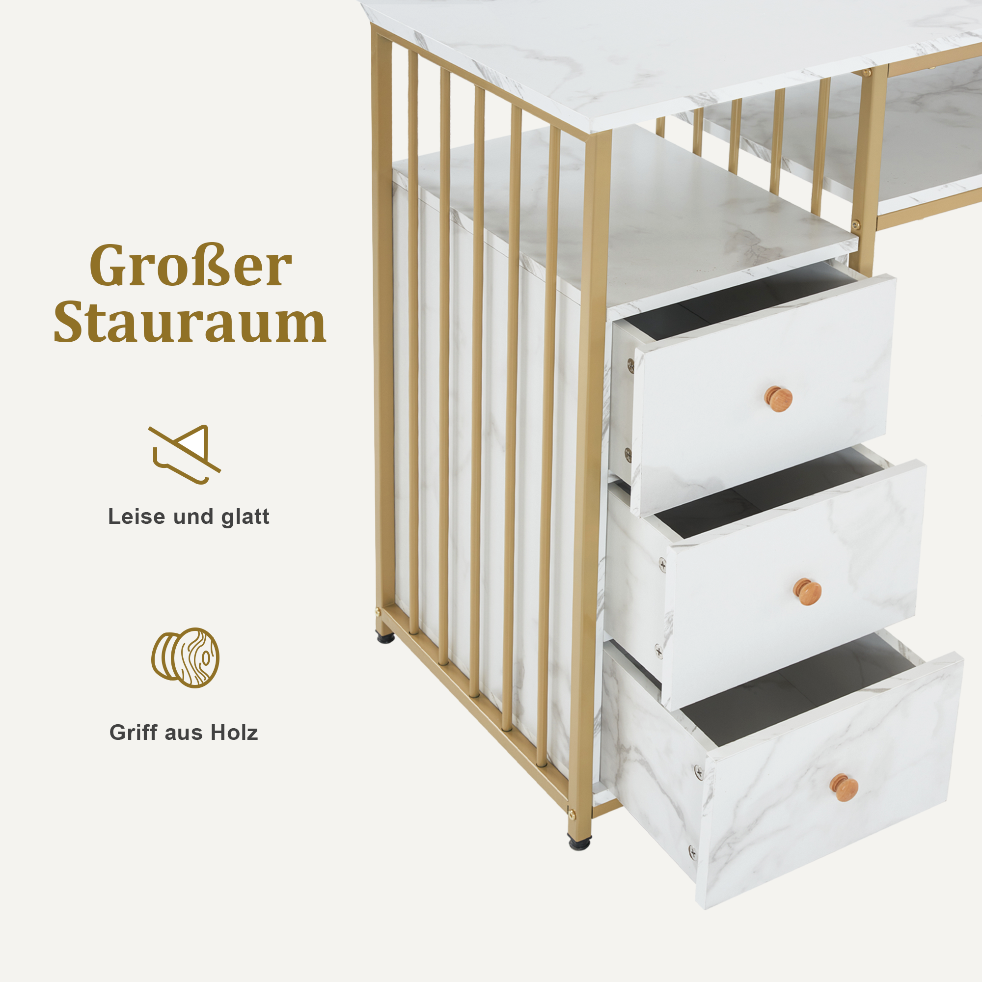 M MCombo Desk with 6 Drawers, Wooden Nail Table with Metal Frame, Manicure Table, Dressing Table without Mirror Modern, Computer Desk with Shelves Living Room, 46x125x81cm, 2425