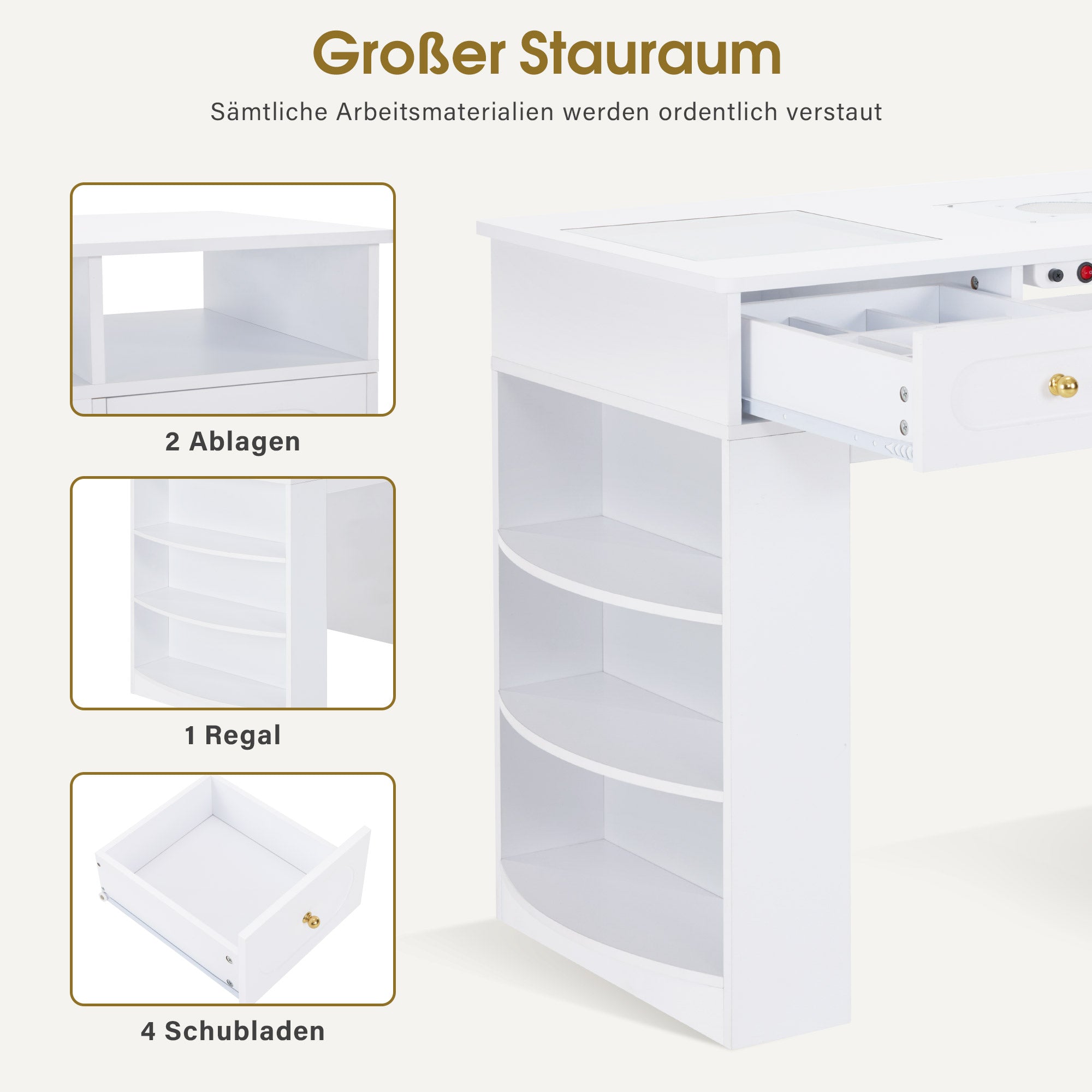 M MCombo Bureau avec 4 Tiroirs, Étagère, 2 Compartiments de Rangement & Plateau en Verre, Table de Manucure avec Aspiration & 2 Sacs d'Aspirateur, Table de Coiffeuse en Bois, Bureau pour Salon de Manucure Blanc, 55x120x80cm, 2442