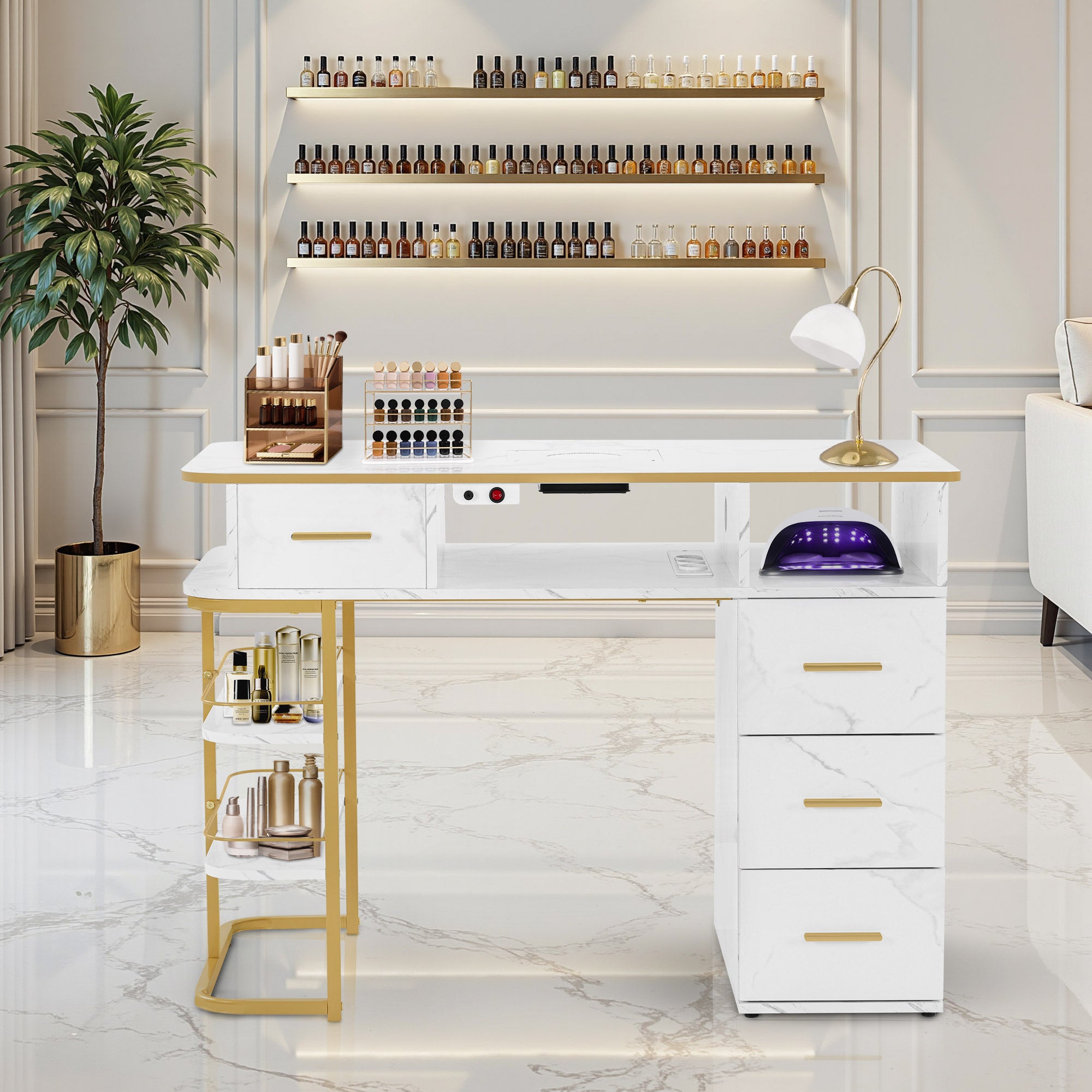 M MCombo Manicure Table with 4 Drawers, 1 Shelf & 5 Shelves, Nail Table with Extractor, 2 Vacuum Bags, Wooden Nail Salon Table, Desk for Nail Studio, Marble-White Gold, 55x112x80cm, 2464