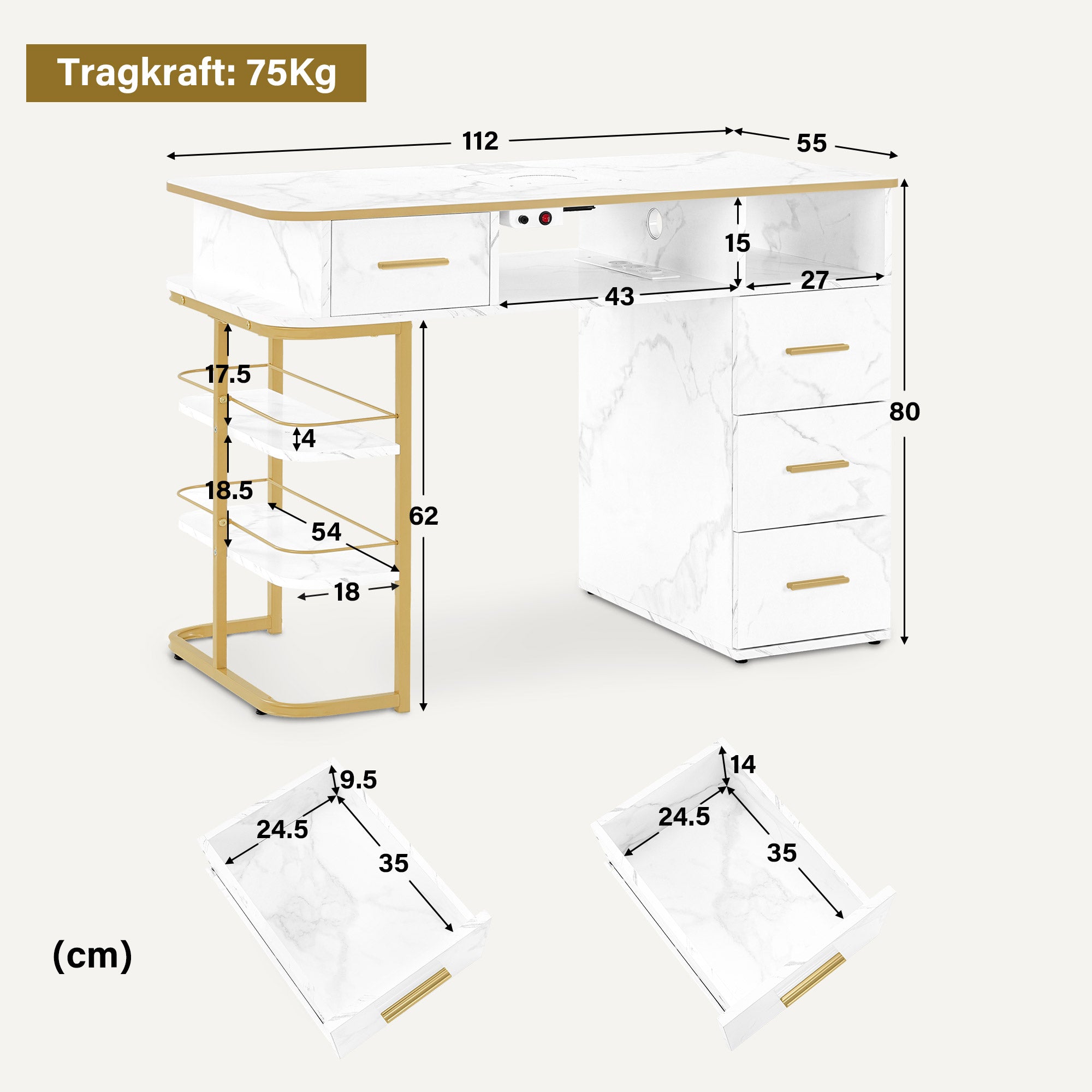 M MCombo Manicure Table with 4 Drawers, 1 Shelf & 5 Shelves, Nail Table with Extractor, 2 Vacuum Bags, Wooden Nail Salon Table, Desk for Nail Studio, Marble-White Gold, 55x112x80cm, 2464