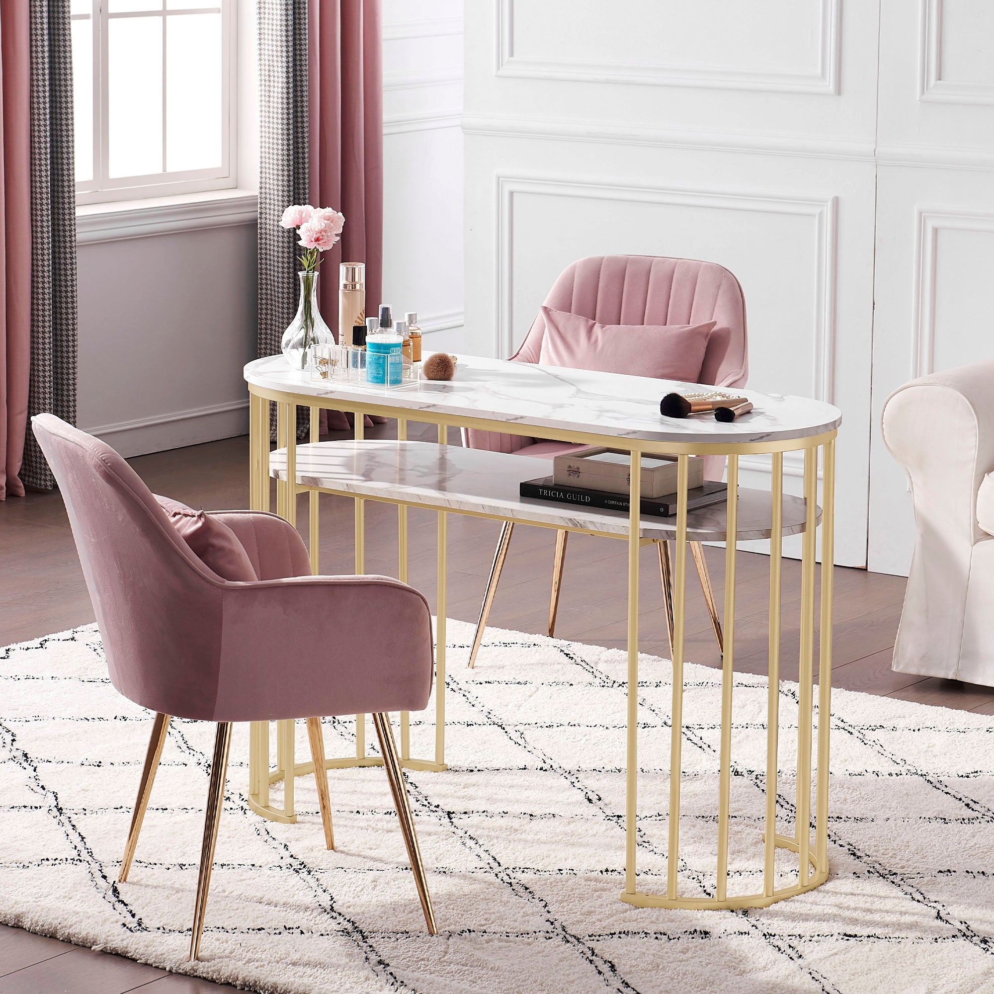 M MCombo Desk without Drawers, Dressing Table without Mirror Marble White Gold, Manicure Table, Nail Table Made of Wood Metal Frame, Computer Table Living Room Modern, 45 x 114 x 78cm, 2482