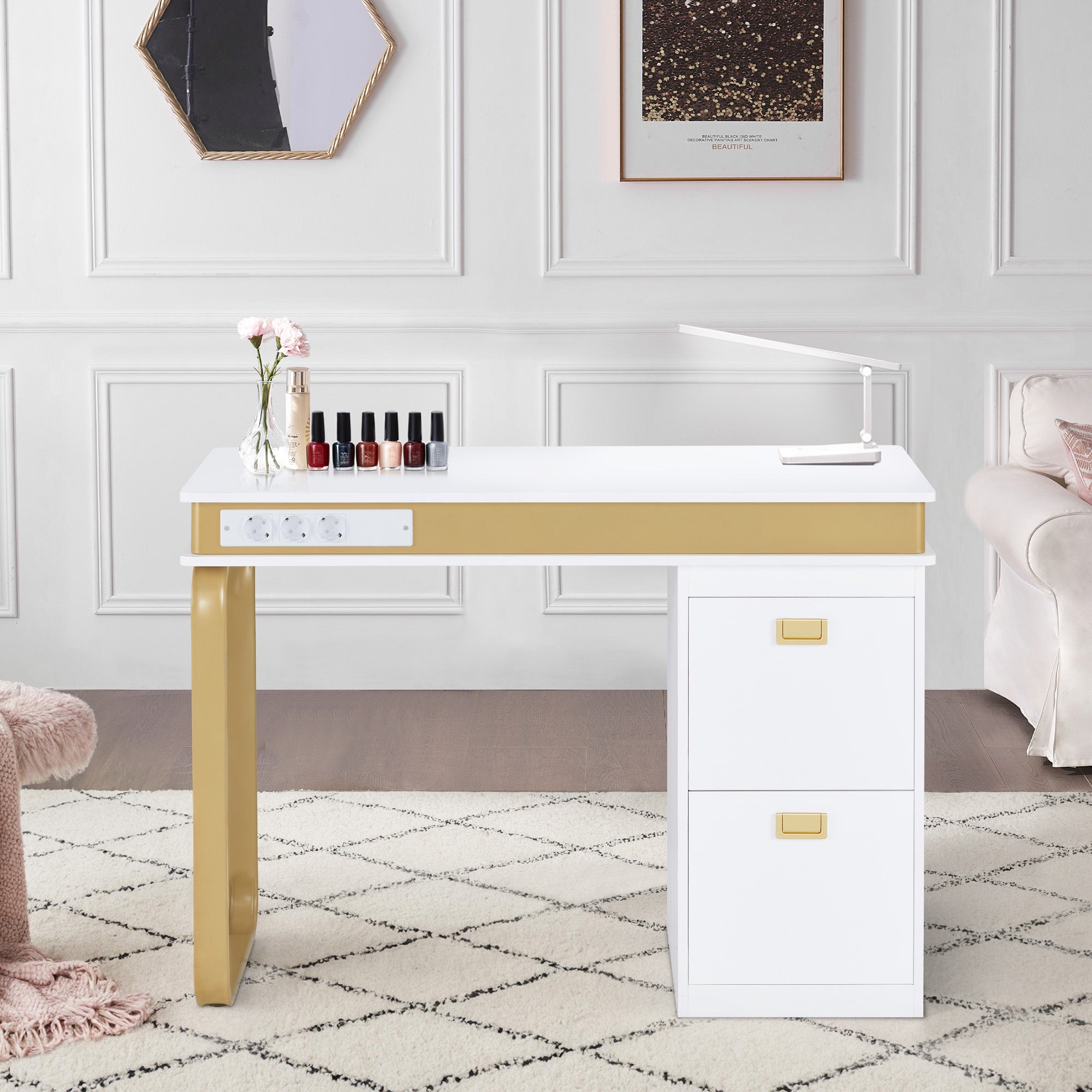 M MCombo Desk with Drawers for Nail Salon, Manicure Table with 3 Outlets, Dressing Table without Mirror White-Gold, Wooden Nail Table with Metal Frame, Nail Salon Table, 50x110x80.5cm, 2484
