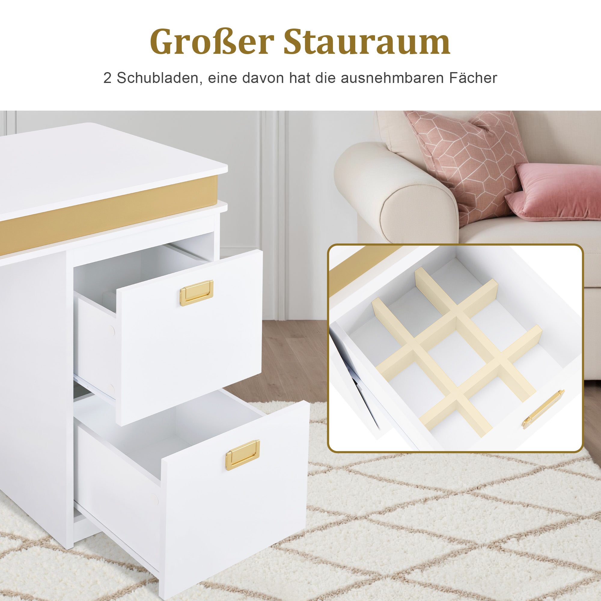 M MCombo Desk with Drawers for Nail Salon, Manicure Table with 3 Outlets, Dressing Table without Mirror White-Gold, Wooden Nail Table with Metal Frame, Nail Salon Table, 50x110x80.5cm, 2484