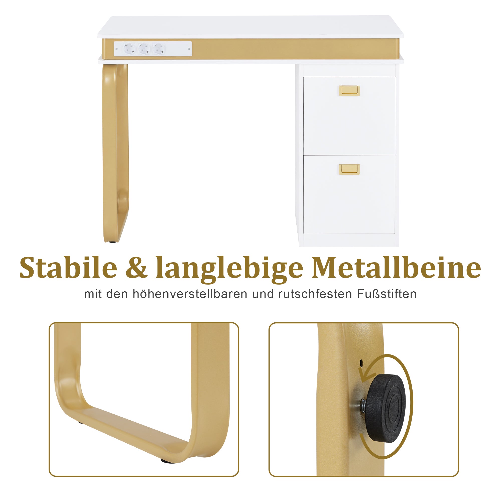 M MCombo Desk with Drawers for Nail Salon, Manicure Table with 3 Outlets, Dressing Table without Mirror White-Gold, Wooden Nail Table with Metal Frame, Nail Salon Table, 50x110x80.5cm, 2484