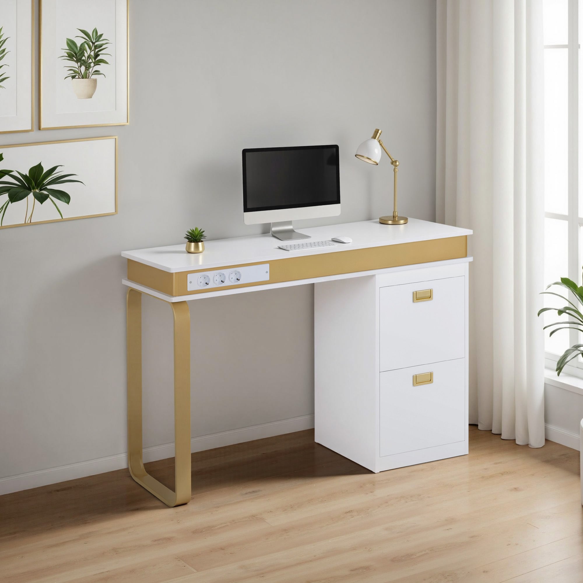 M MCombo Desk with Drawers for Nail Salon, Manicure Table with 3 Outlets, Dressing Table without Mirror White-Gold, Wooden Nail Table with Metal Frame, Nail Salon Table, 50x110x80.5cm, 2484