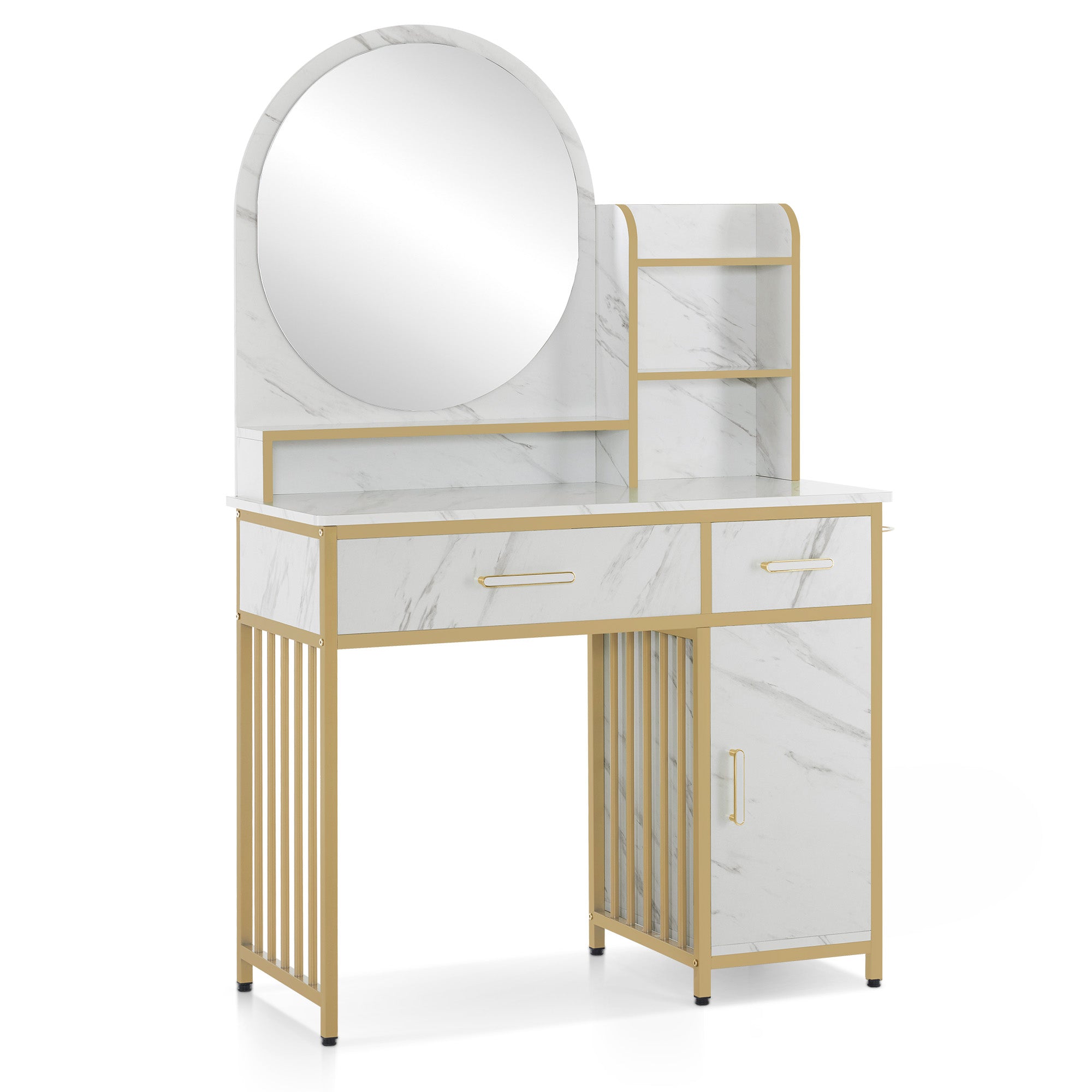 M MCombo dressing table with mirror, vanity table make-up table with 2 drawers, 3 open shelves, hairdryer holder, cosmetic table made of wood and metal frame, marble-white gold, 43*104*147.5 cm, 2501