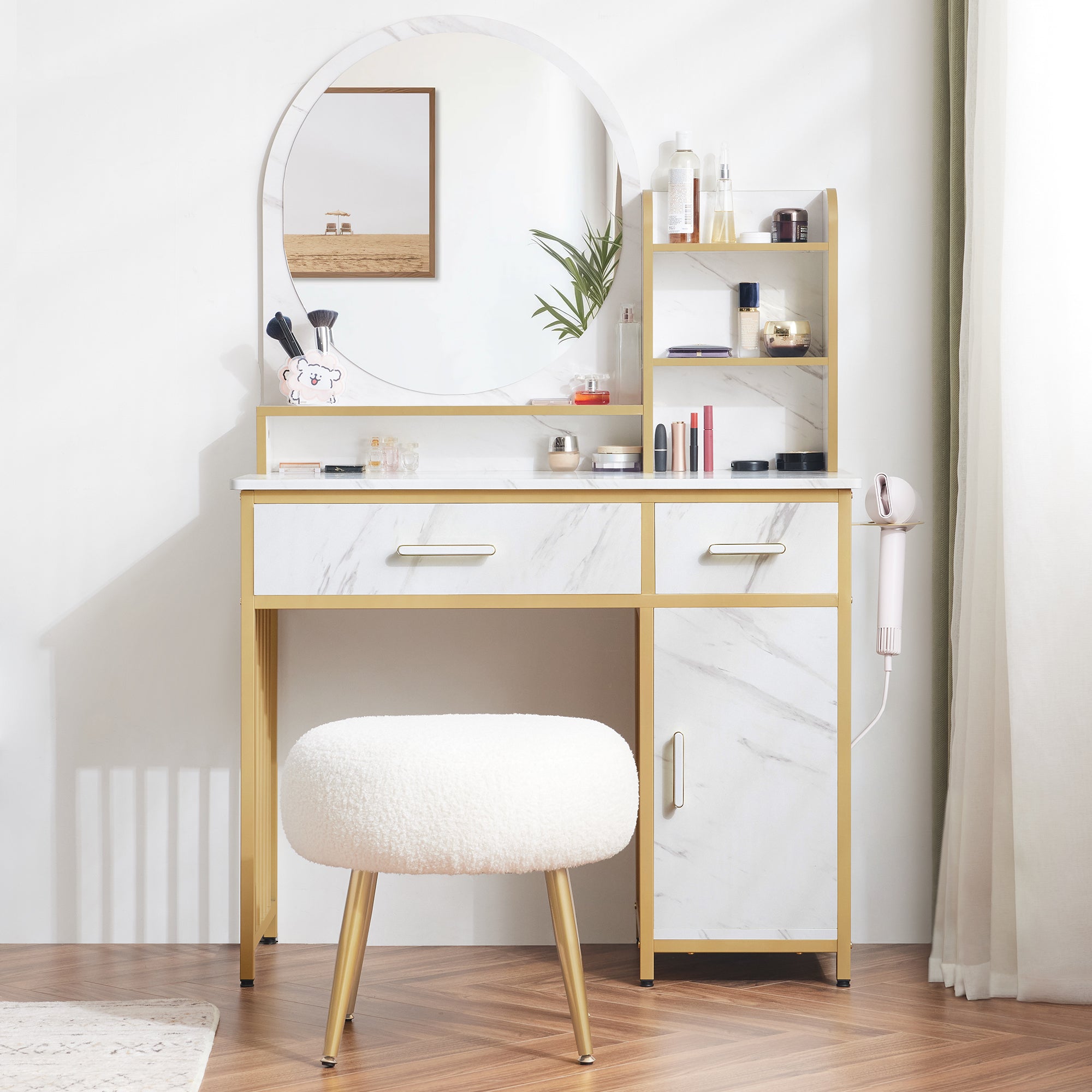 M MCombo dressing table with mirror, vanity table make-up table with 2 drawers, 3 open shelves, hairdryer holder, cosmetic table made of wood and metal frame, marble-white gold, 43*104*147.5 cm, 2501