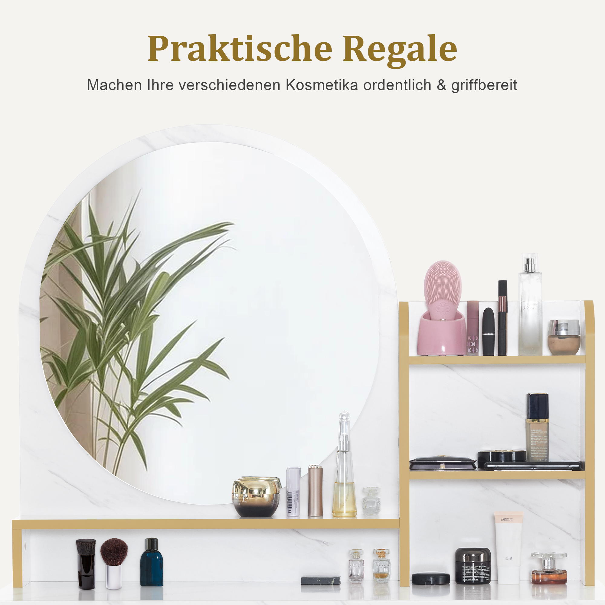 M MCombo dressing table with mirror, vanity table make-up table with 2 drawers, 3 open shelves, hairdryer holder, cosmetic table made of wood and metal frame, marble-white gold, 43*104*147.5 cm, 2501