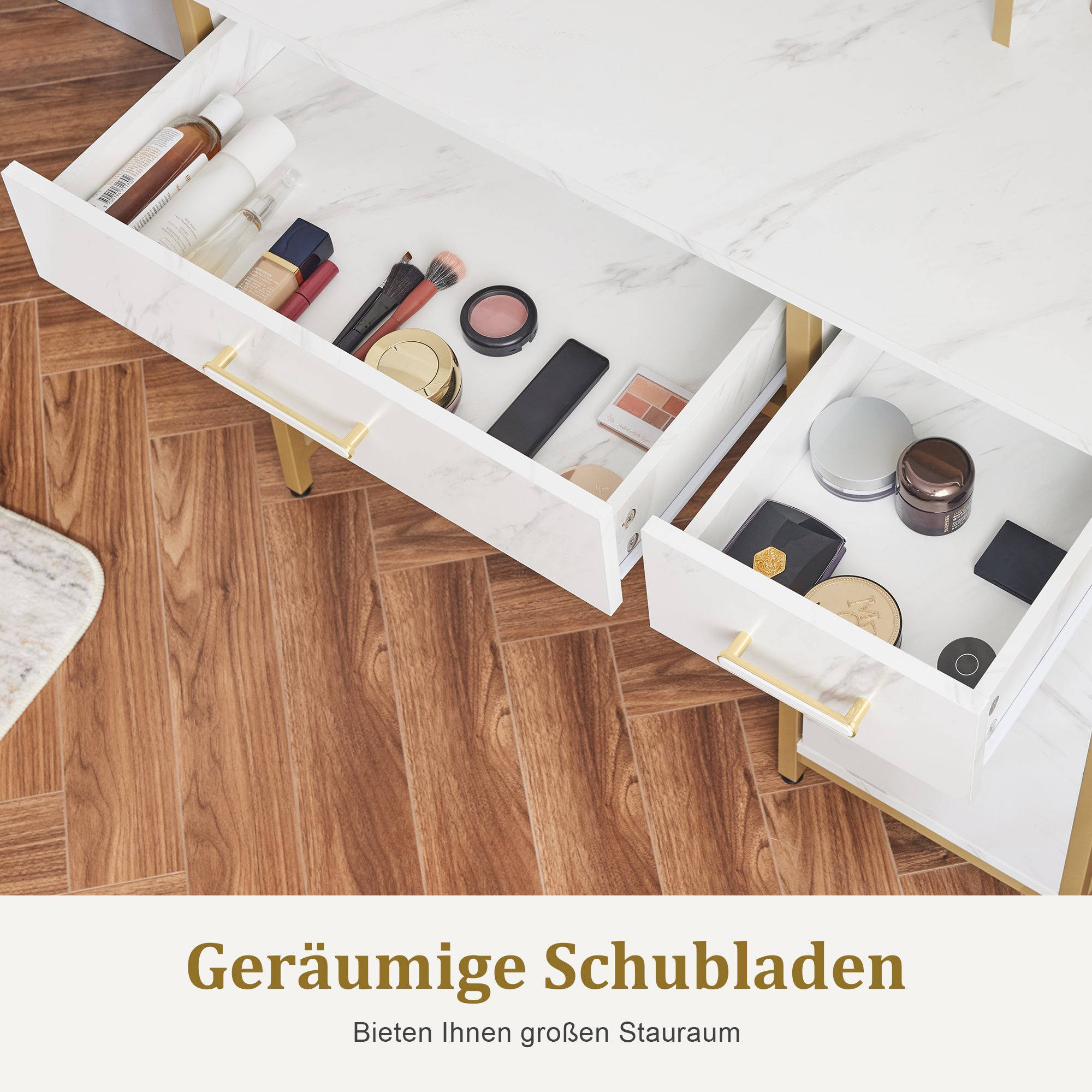 M MCombo dressing table with mirror, vanity table make-up table with 2 drawers, 3 open shelves, hairdryer holder, cosmetic table made of wood and metal frame, marble-white gold, 43*104*147.5 cm, 2501