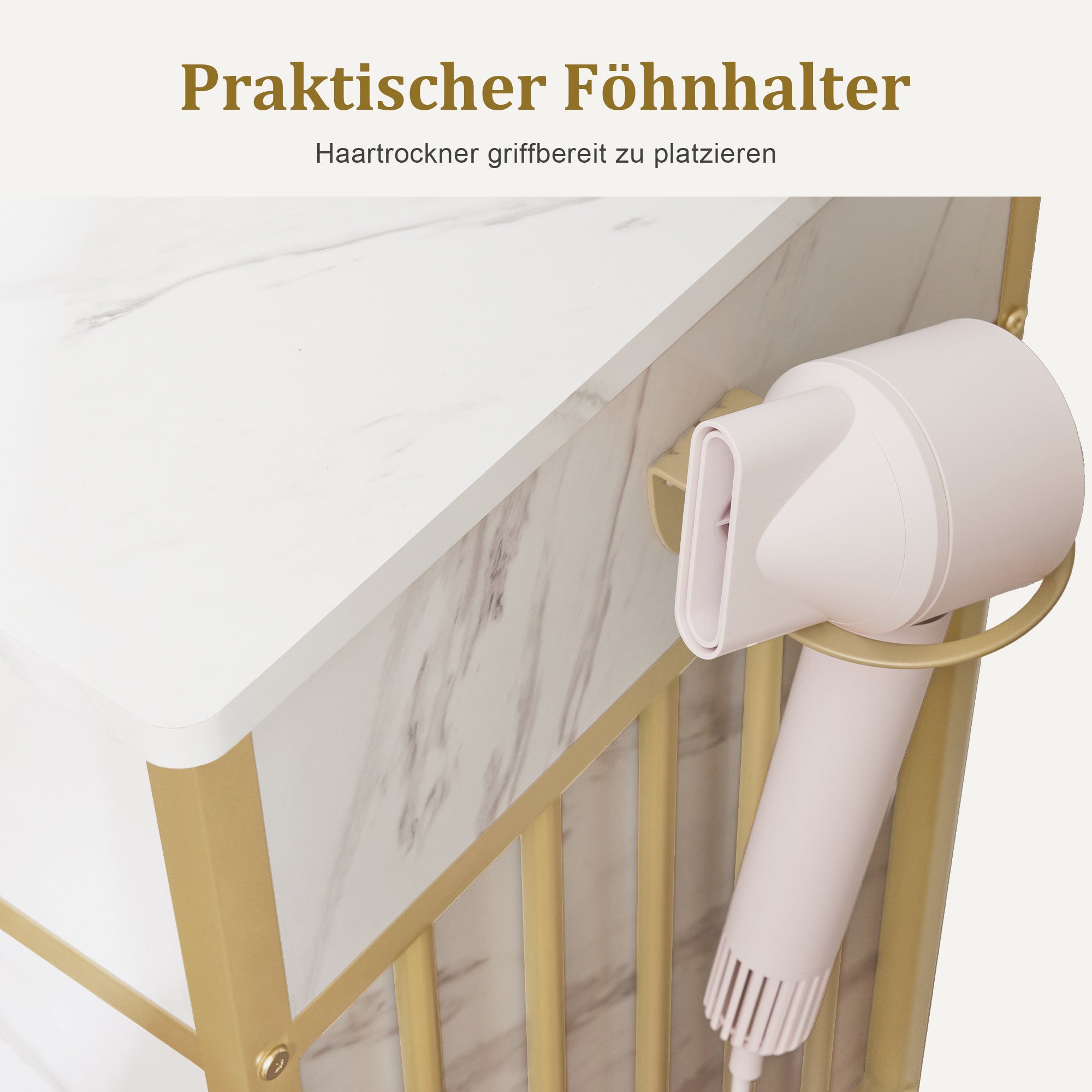 M MCombo dressing table with mirror, vanity table make-up table with 2 drawers, 3 open shelves, hairdryer holder, cosmetic table made of wood and metal frame, marble-white gold, 43*104*147.5 cm, 2501