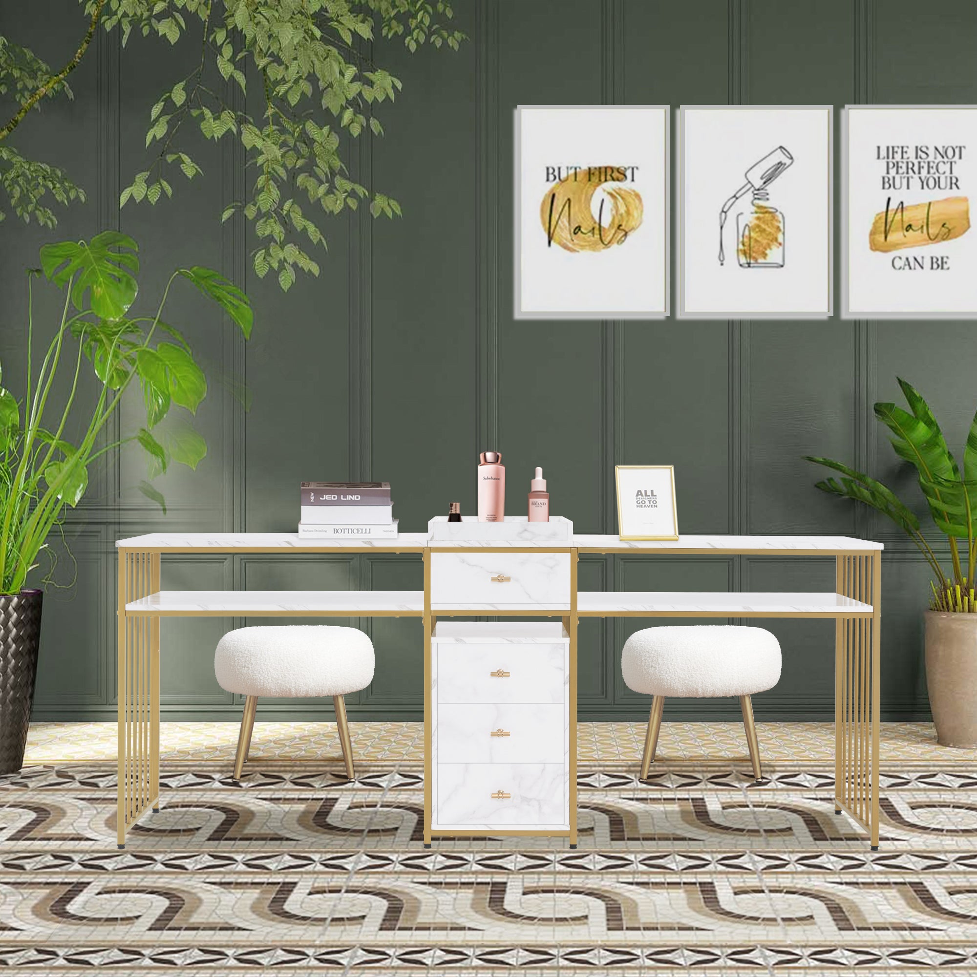 M MCombo Double Nail Table with Drawers, Desk with Shelf, Manicure Table, Dressing Table without Mirror Living Room Modern, Marble White Gold, 50 x 200 x 86cm, 2413