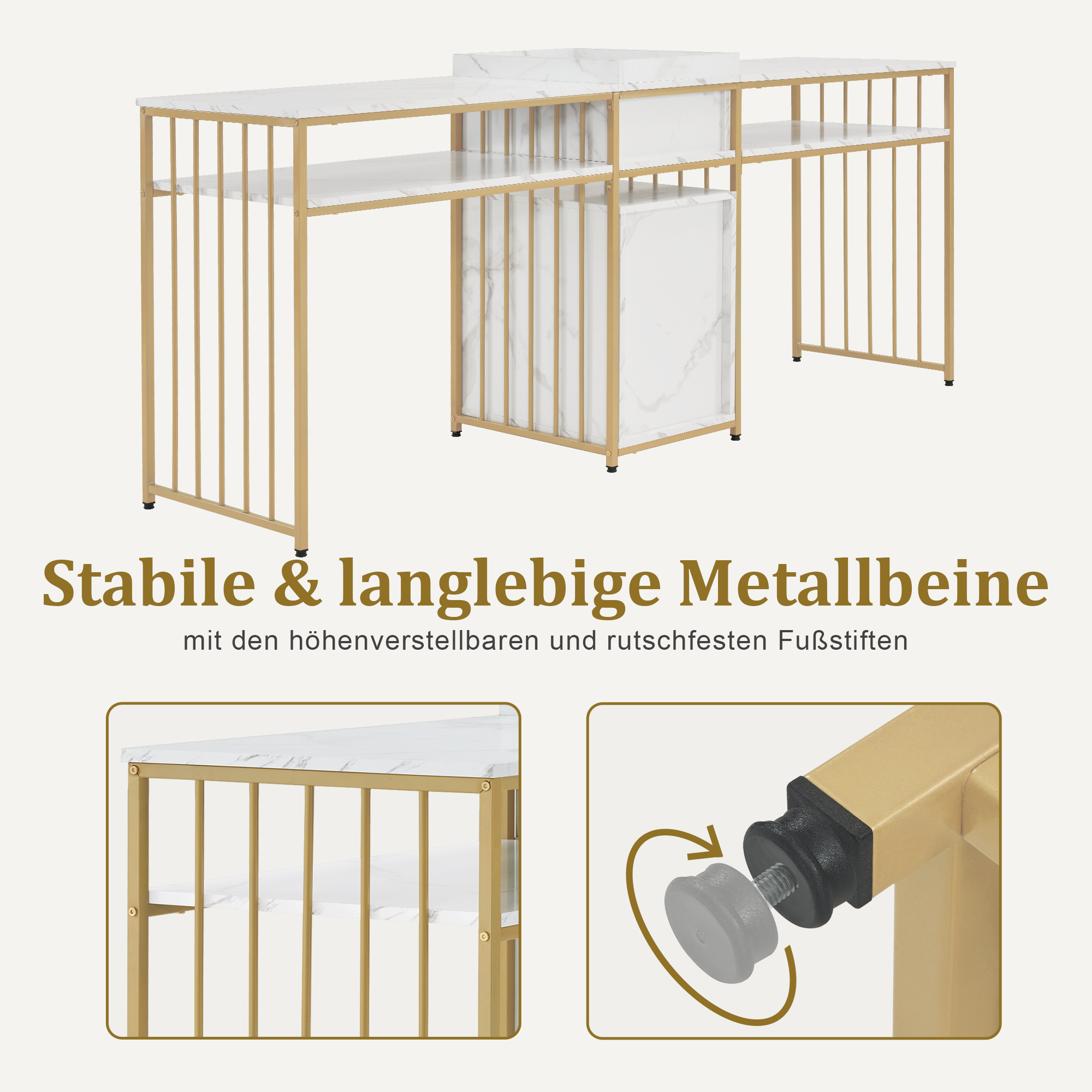 M MCombo Double Nail Table with Drawers, Desk with Shelf, Manicure Table, Dressing Table without Mirror Living Room Modern, Marble White Gold, 50 x 200 x 86cm, 2413