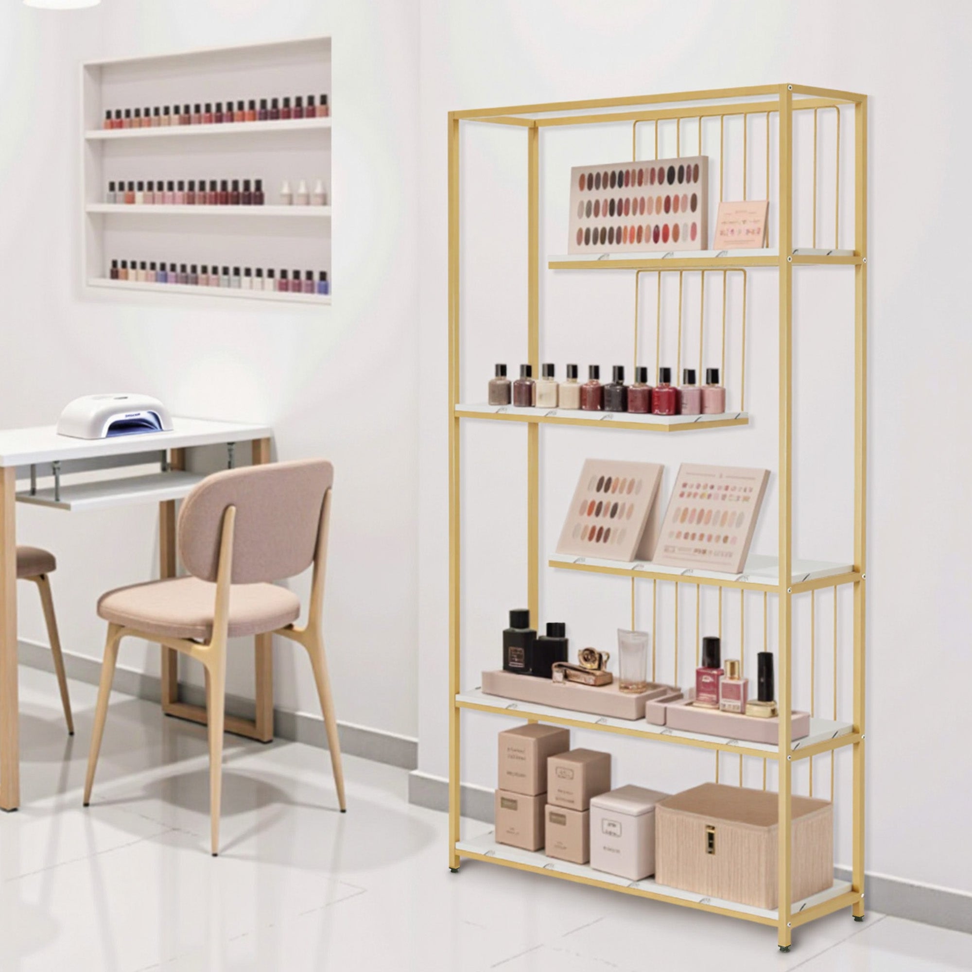 MCombo Bookcase, 5-Tier Standing Shelf, Office Shelf with Metal Frame, Shelf for Office, Living Room, Bedroom, Kitchen, Nail Salon, Marble White Gold, 30x100x180cm, 5177