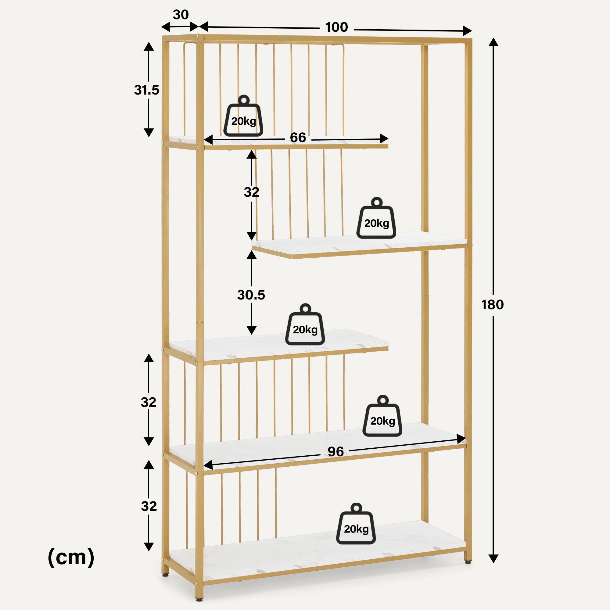 MCombo Bookcase, 5-Tier Standing Shelf, Office Shelf with Metal Frame, Shelf for Office, Living Room, Bedroom, Kitchen, Nail Salon, Marble White Gold, 30x100x180cm, 5177