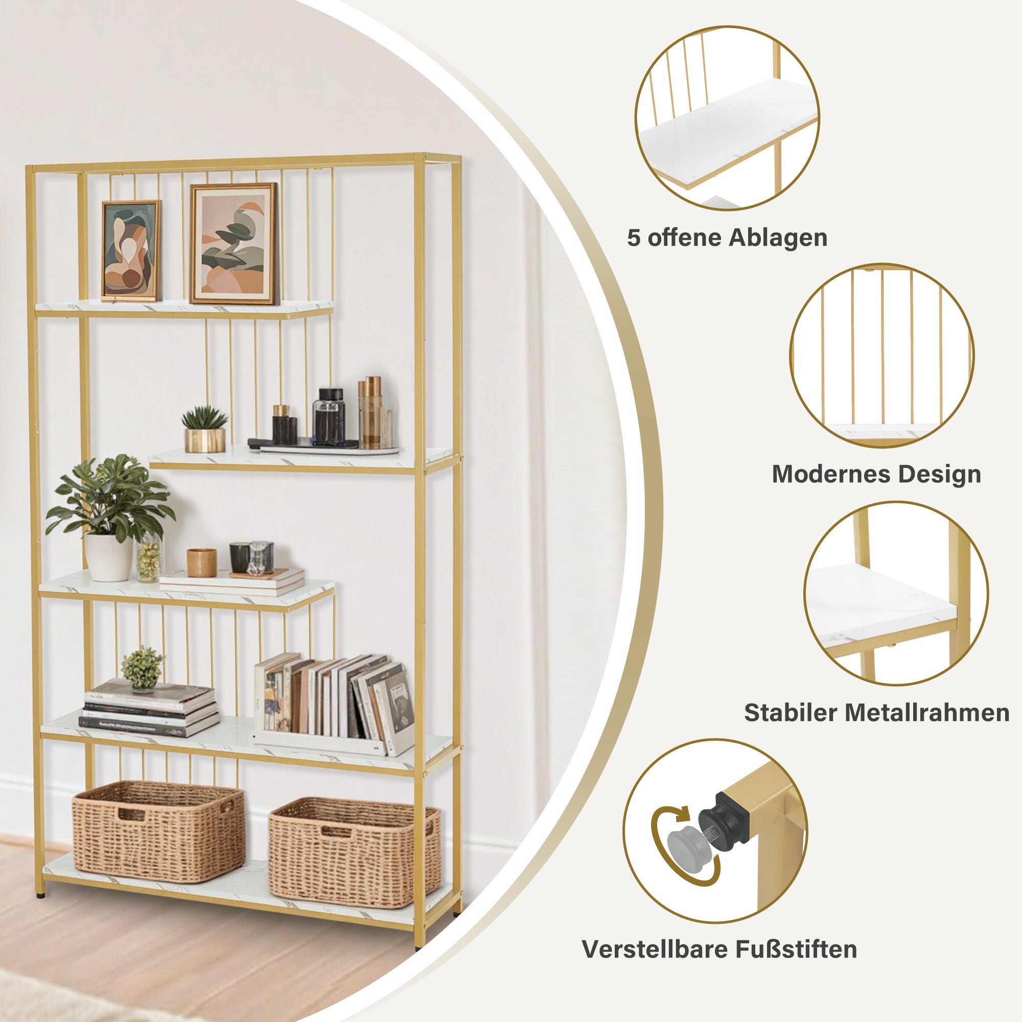 MCombo Bookcase, 5-Tier Standing Shelf, Office Shelf with Metal Frame, Shelf for Office, Living Room, Bedroom, Kitchen, Nail Salon, Marble White Gold, 30x100x180cm, 5177