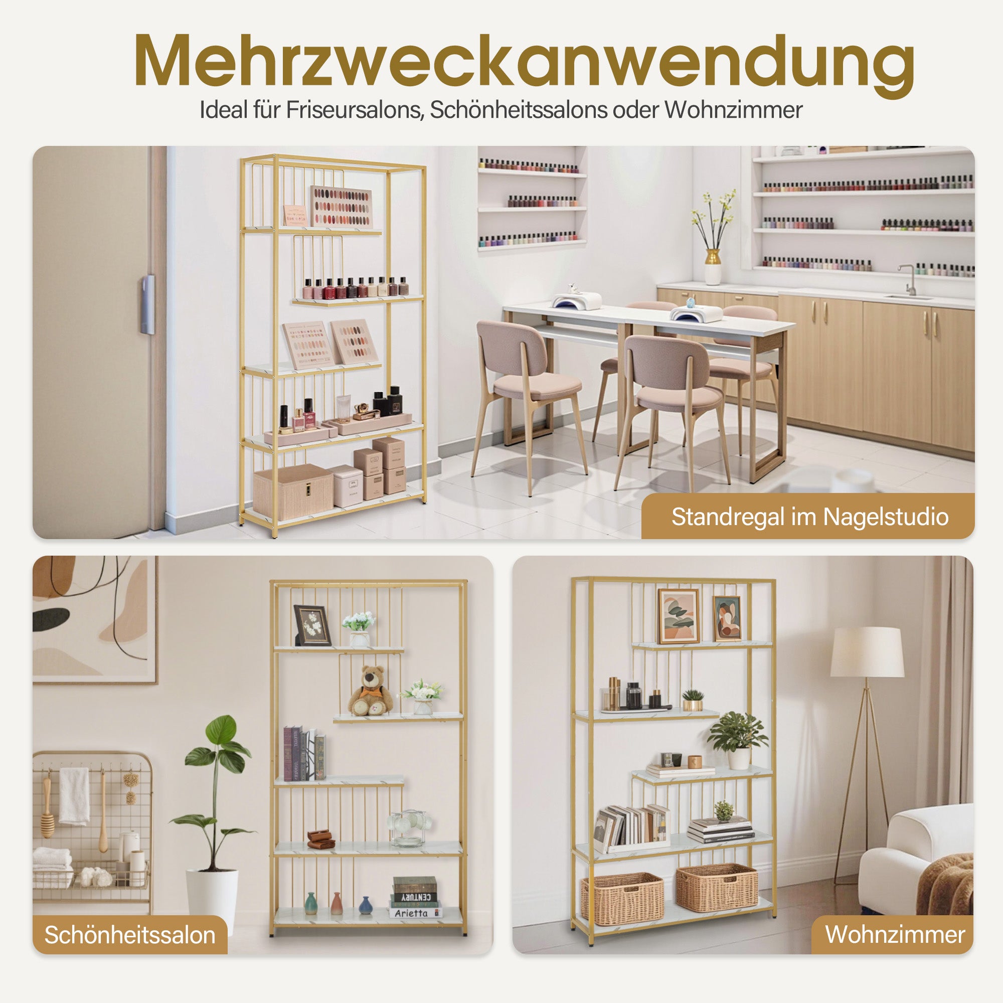 MCombo Bookcase, 5-Tier Standing Shelf, Office Shelf with Metal Frame, Shelf for Office, Living Room, Bedroom, Kitchen, Nail Salon, Marble White Gold, 30x100x180cm, 5177