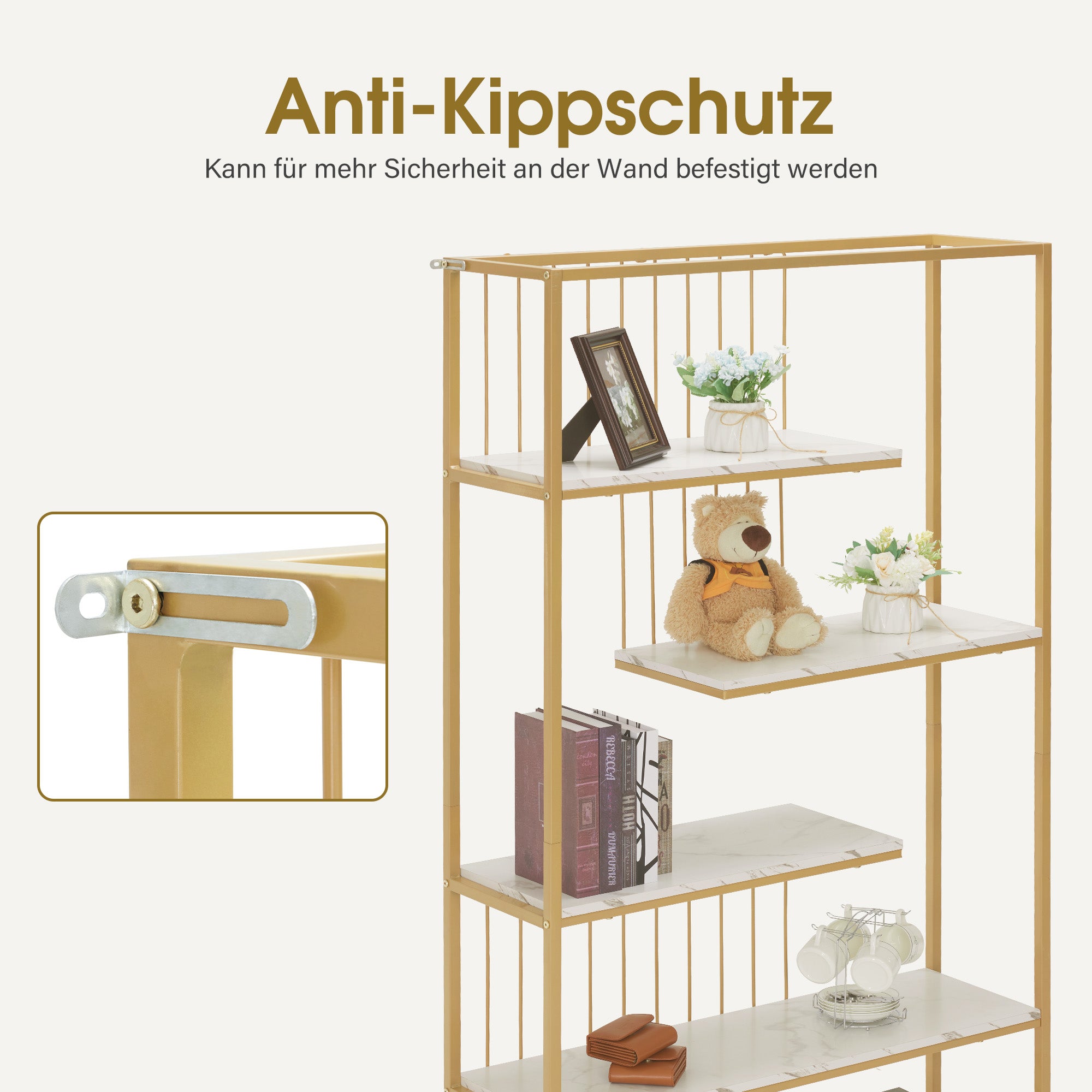 MCombo Bookcase, 5-Tier Standing Shelf, Office Shelf with Metal Frame, Shelf for Office, Living Room, Bedroom, Kitchen, Nail Salon, Marble White Gold, 30x100x180cm, 5177