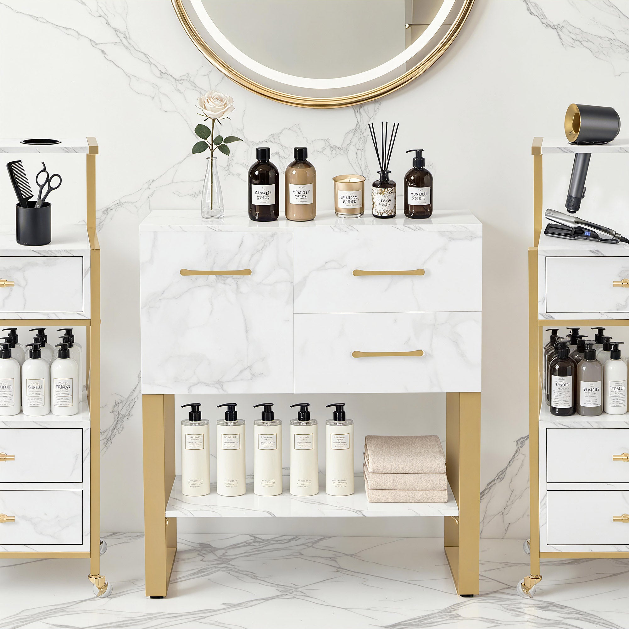 M MCombo Sideboard mit 2 Schubladen, Badezimmerschrank mit Schrank & Offener Ablage, Kommode Metallgestell, Beistellschrank für Friseursalon, Aufbewahrungsschrank Marmor-Weiß Gold, 40x80x90,5cm, 6678