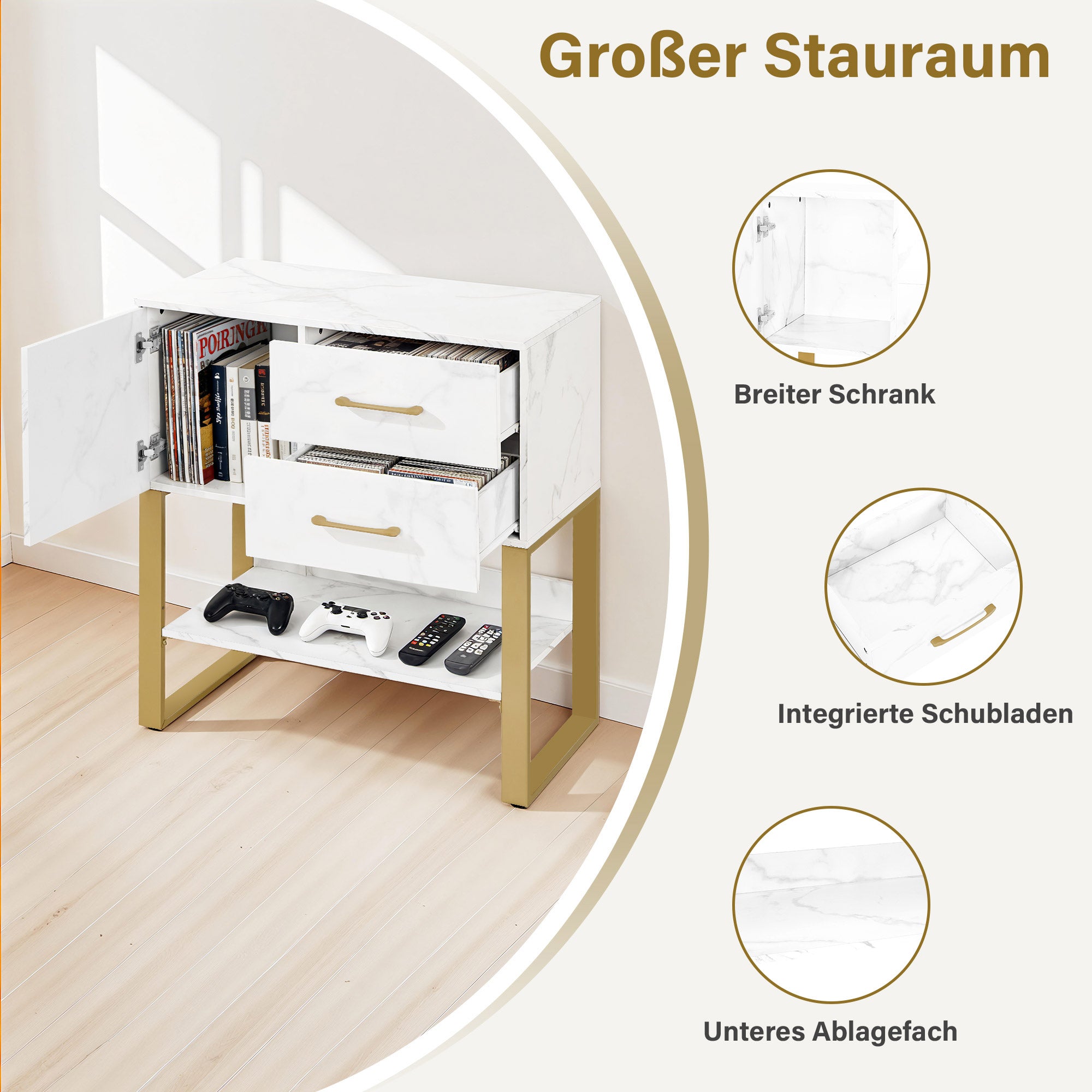 M MCombo Sideboard mit 2 Schubladen, Badezimmerschrank mit Schrank & Offener Ablage, Kommode Metallgestell, Beistellschrank für Friseursalon, Aufbewahrungsschrank Marmor-Weiß Gold, 40x80x90,5cm, 6678
