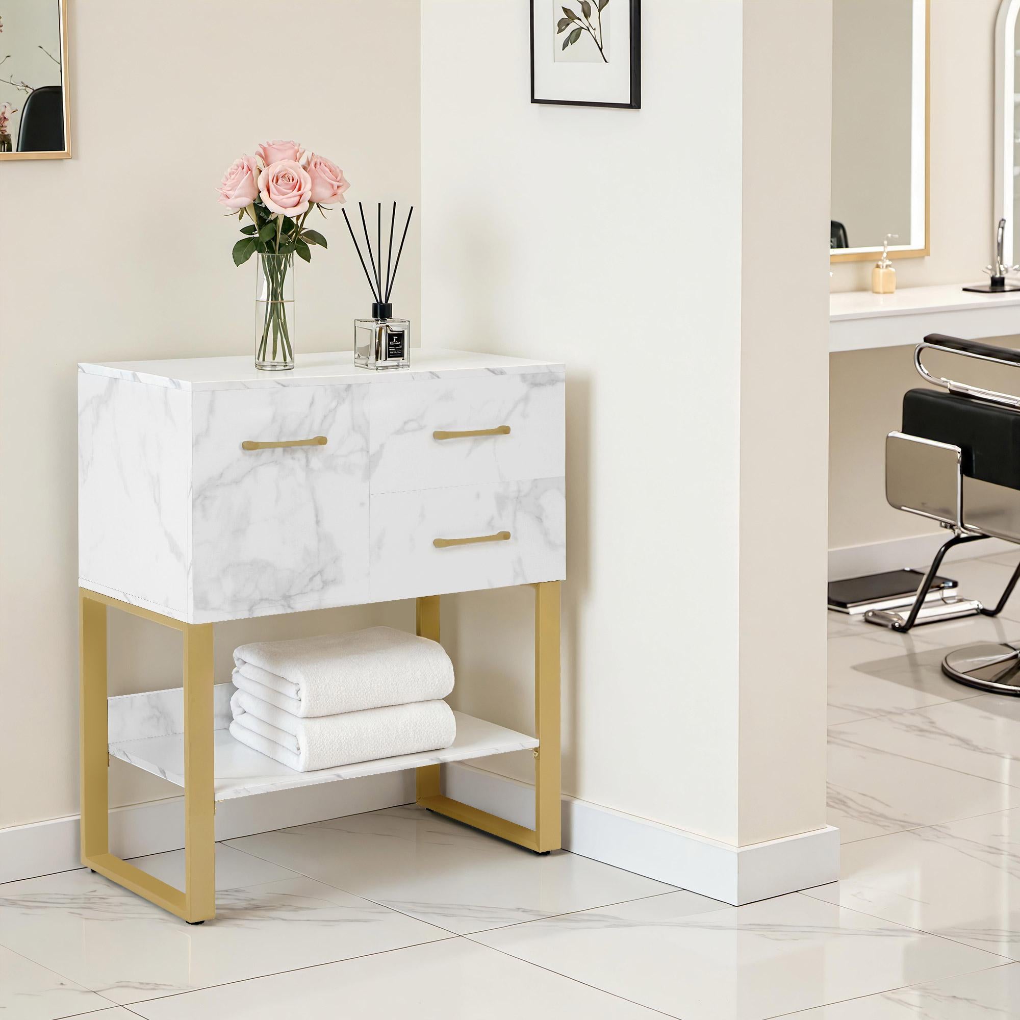 M MCombo Sideboard mit 2 Schubladen, Badezimmerschrank mit Schrank & Offener Ablage, Kommode Metallgestell, Beistellschrank für Friseursalon, Aufbewahrungsschrank Marmor-Weiß Gold, 40x80x90,5cm, 6678