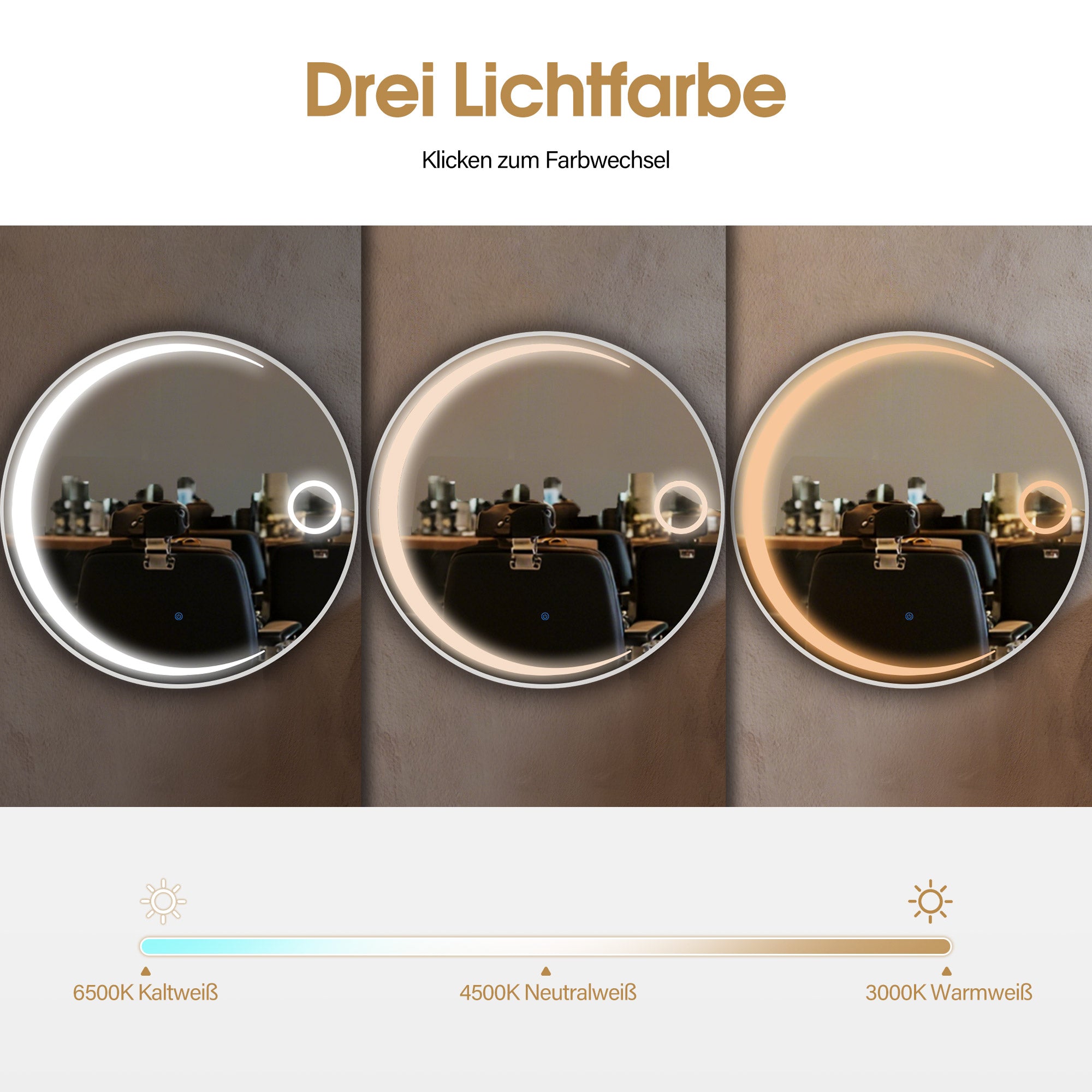 MCombo Wall Mirror with Lighting, Bathroom Mirror with Aluminum Frame, Round Mirror with Touch Switch, 3 Dimmable Light Colors, Bathroom Mirror J6228