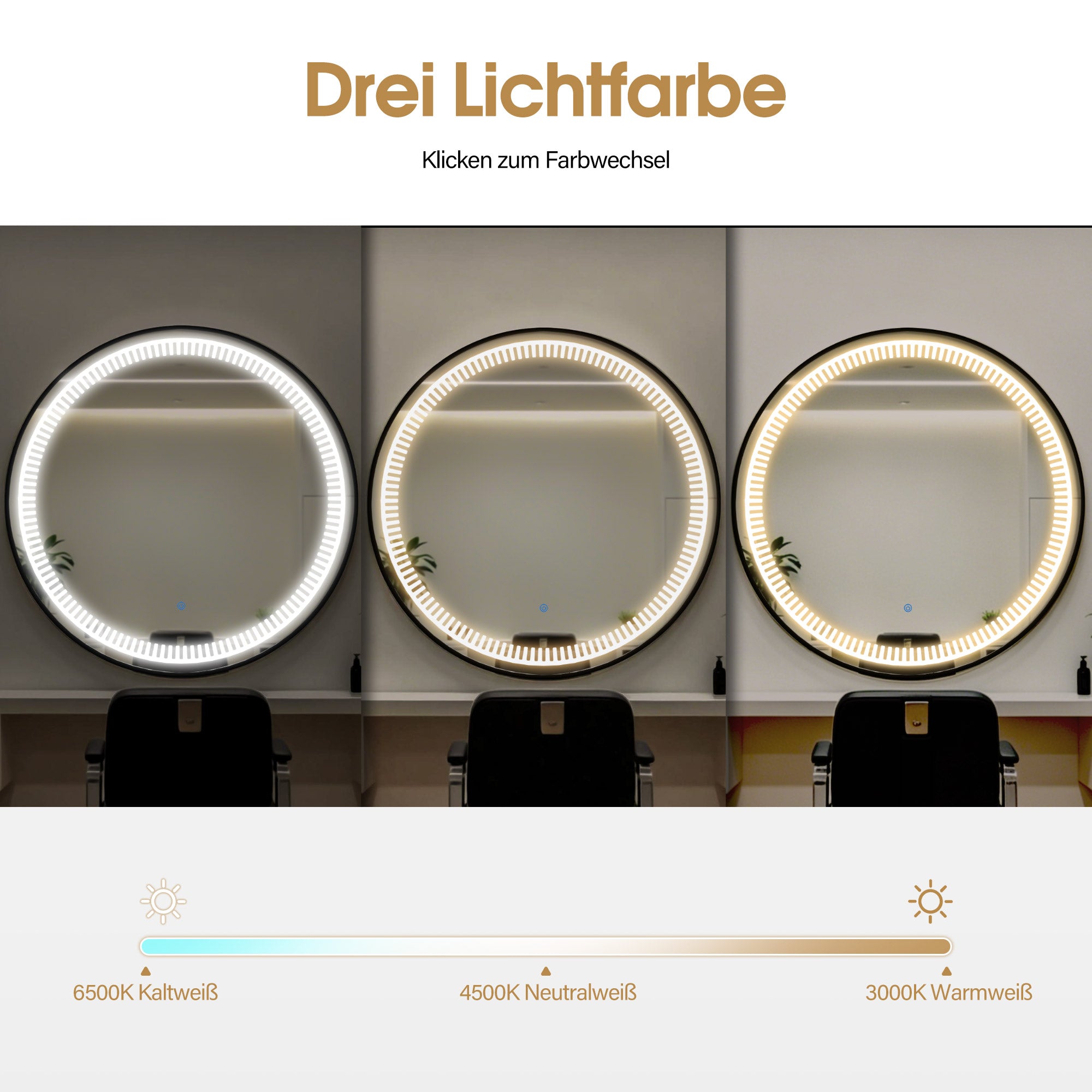 MCombo LED Wall Mirror, Bathroom Mirror with Aluminum Frame, Round Mirror with Touch Switch, 3 Dimmable Light Colors, Bathroom Mirror J6236
