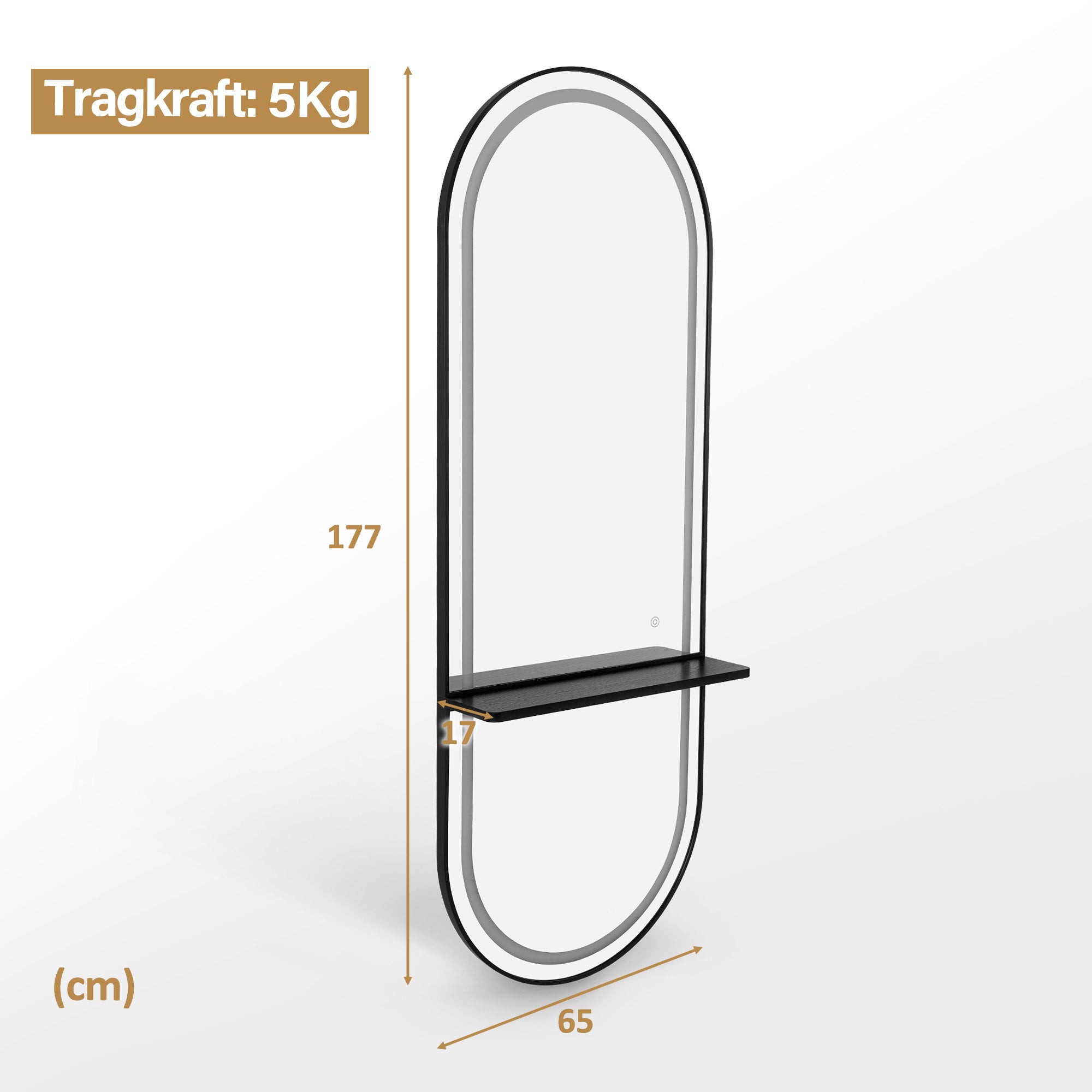 M MCombo Wall Mirror with Lighting, Full-Length Mirror with Aluminum Frame, Large Mirror with Shelf, Touch Switch, 3 Light Colors Dimmable, for Hair Salon, 17x65x177 cm, J6270