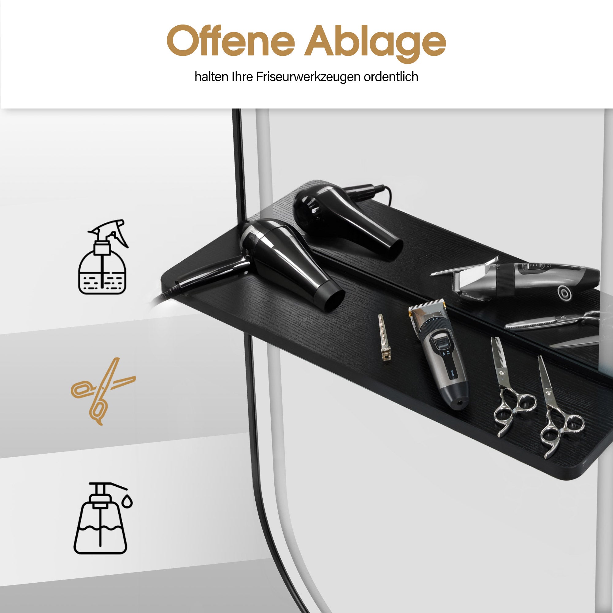 M MCombo Wall Mirror with Lighting, Full-Length Mirror with Aluminum Frame, Large Mirror with Shelf, Touch Switch, 3 Light Colors Dimmable, for Hair Salon, 17x65x177 cm, J6270