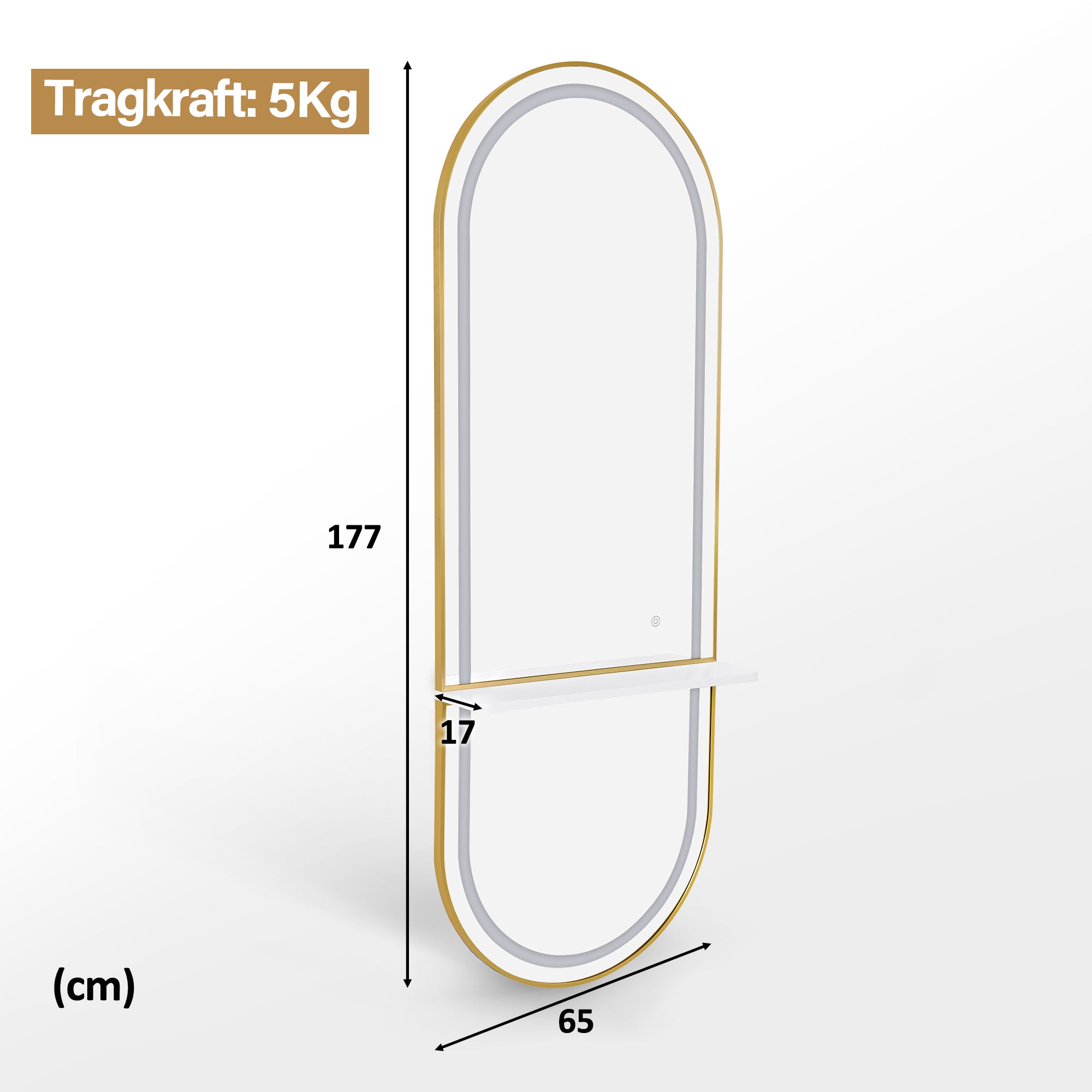 M MCombo Wall Mirror with Lighting, Full-Length Mirror with Aluminum Frame, Large Mirror with Shelf, Touch Switch, 3 Light Colors Dimmable, for Hair Salon, 17x65x177 cm, J6270