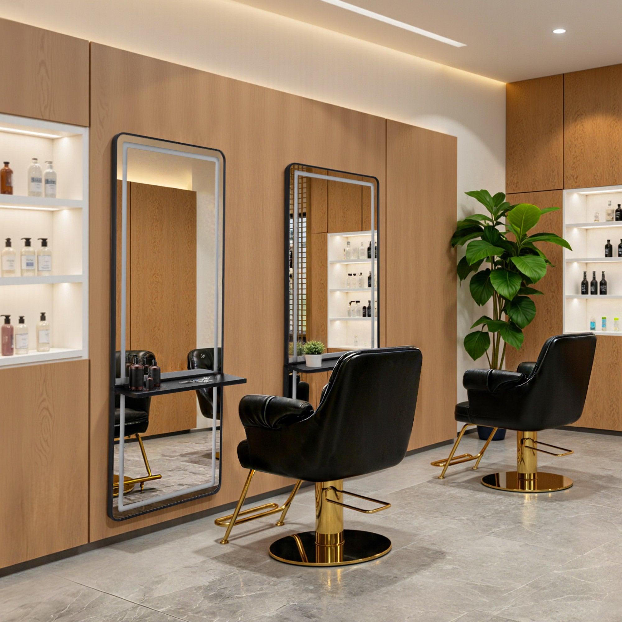 M MCombo Wall Mirror with Lighting, Full-Length Mirror with Aluminum Frame, Large Mirror with Shelf, Touch Switch, 3 Light Colors, Dimmable, 17x65x177 cm, J6271