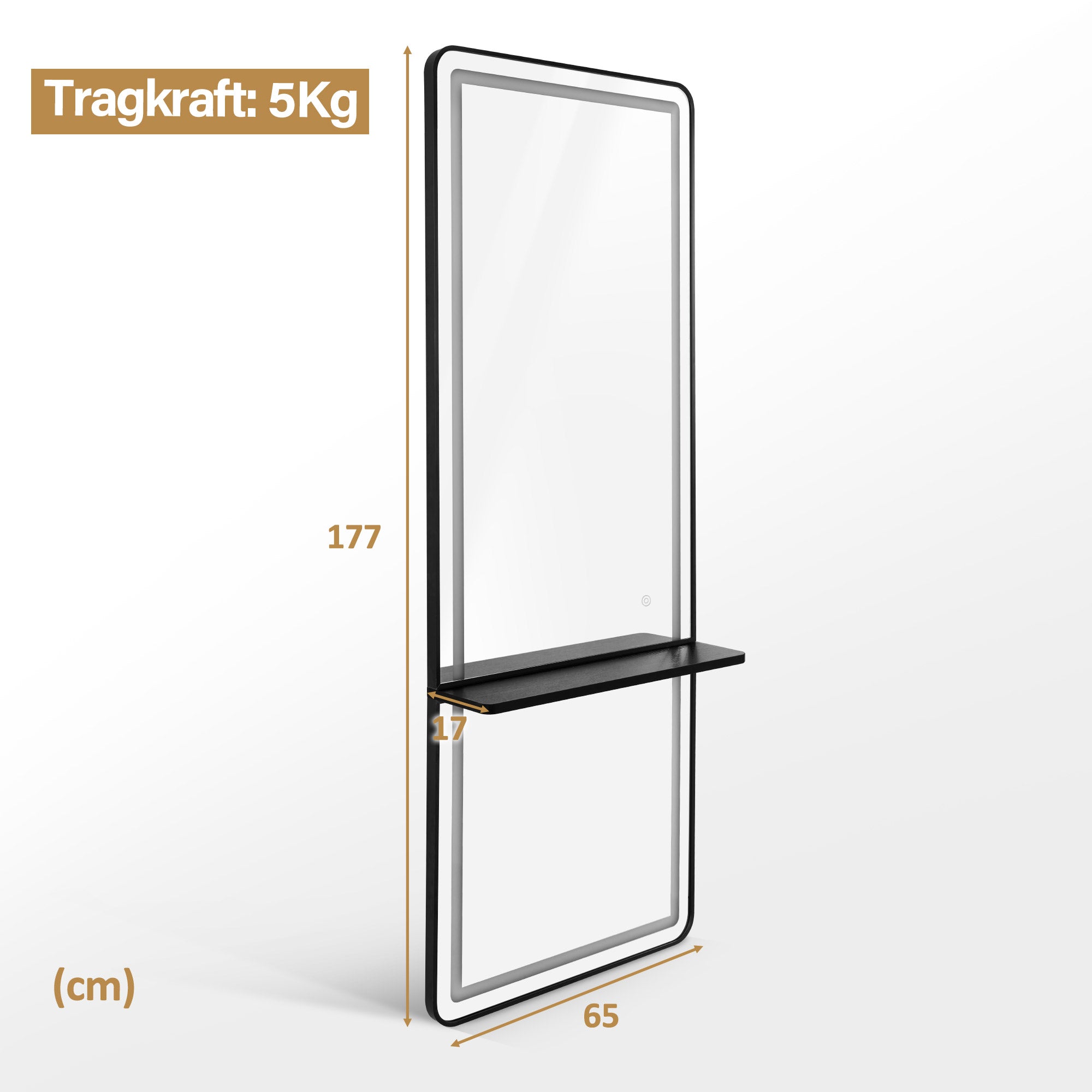 M MCombo Wall Mirror with Lighting, Full-Length Mirror with Aluminum Frame, Large Mirror with Shelf, Touch Switch, 3 Light Colors, Dimmable, 17x65x177 cm, J6271