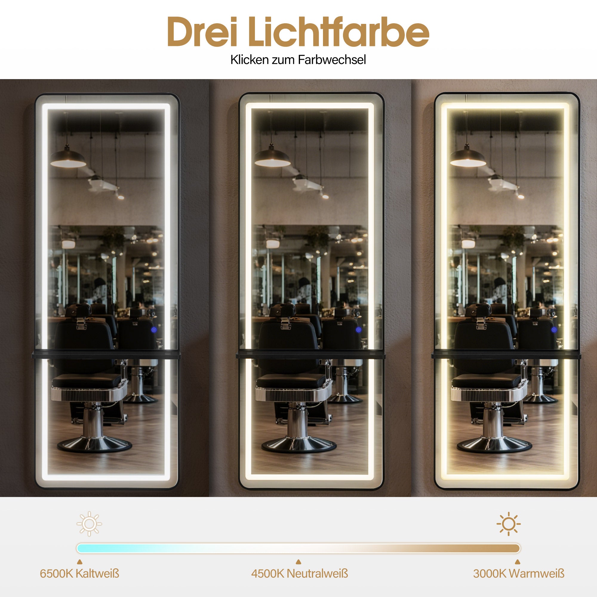 M MCombo Wall Mirror with Lighting, Full-Length Mirror with Aluminum Frame, Large Mirror with Shelf, Touch Switch, 3 Light Colors, Dimmable, 17x65x177 cm, J6271