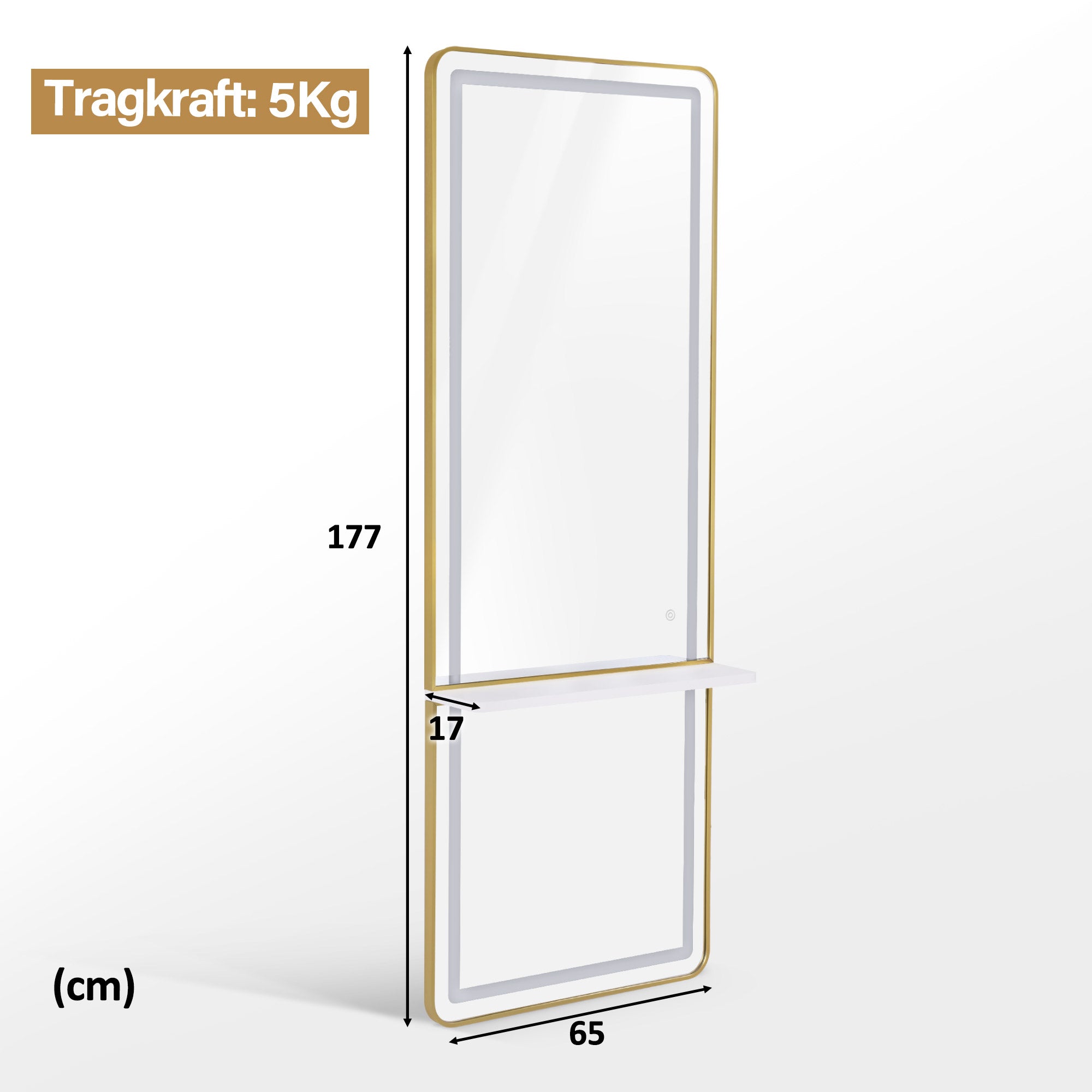 M MCombo Wall Mirror with Lighting, Full-Length Mirror with Aluminum Frame, Large Mirror with Shelf, Touch Switch, 3 Light Colors, Dimmable, 17x65x177 cm, J6271