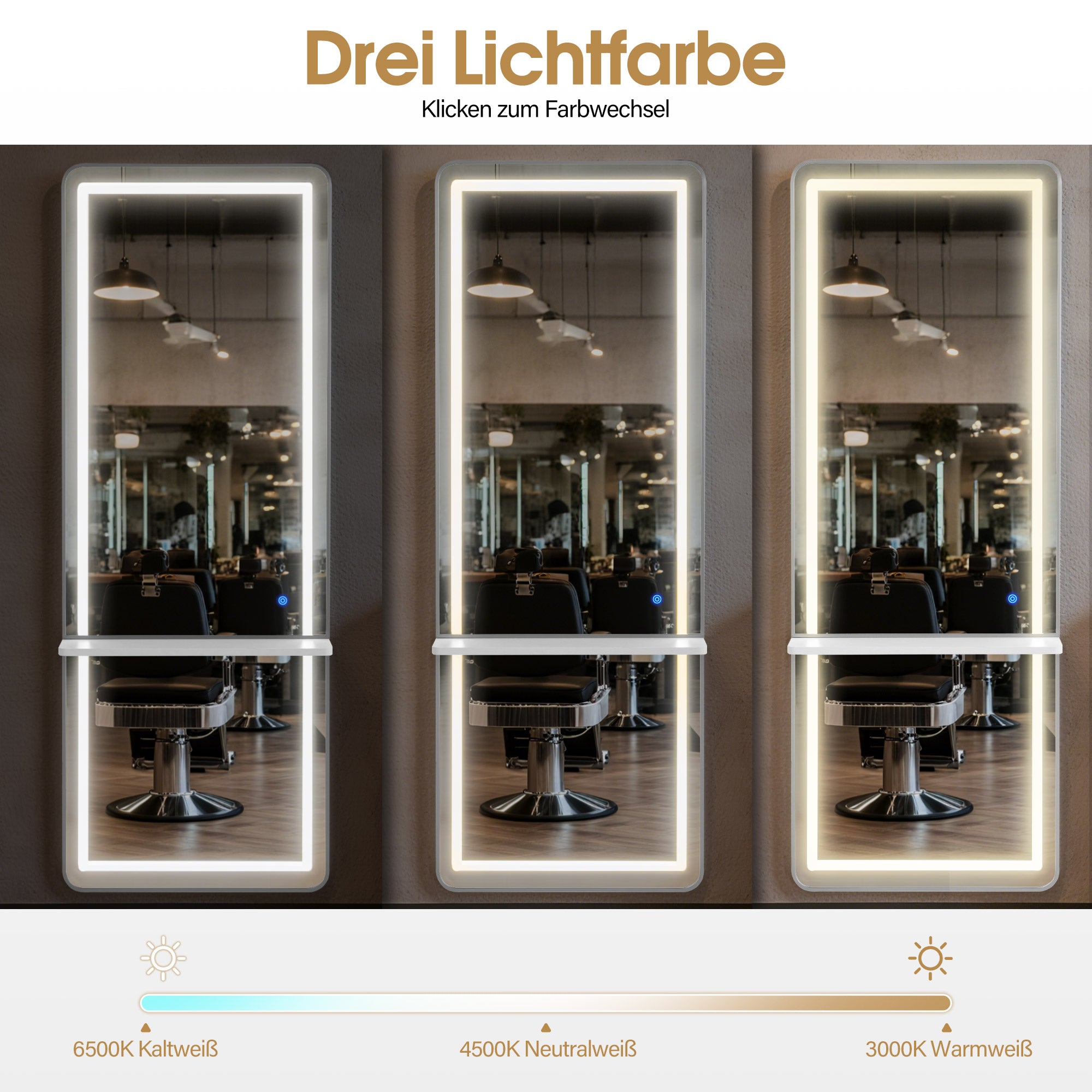 Miroir mural M MCombo avec éclairage intégré, miroir pleine longueur avec cadre en aluminium, grand miroir avec étagère, interrupteur tactile, 3 couleurs de lumière, intensité variable, 17 x 65 x 177 cm, J6271