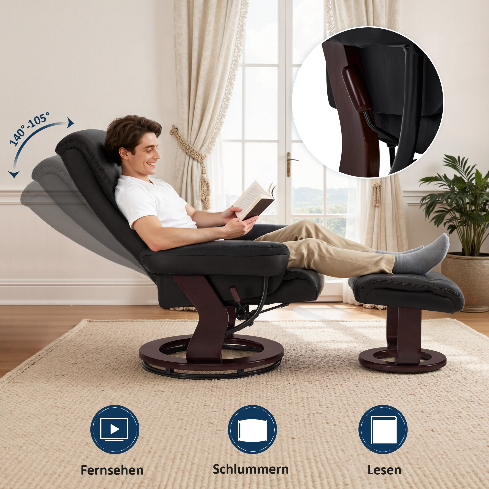 Fauteuil inclinable M MCombo avec fonction inclinable, fauteuil de lecture, fauteuil TV pivotant à 360° avec repose-pieds, coussin et poche latérale, capacité de charge jusqu'à 120 kg, fauteuil TV pour salon, 9035