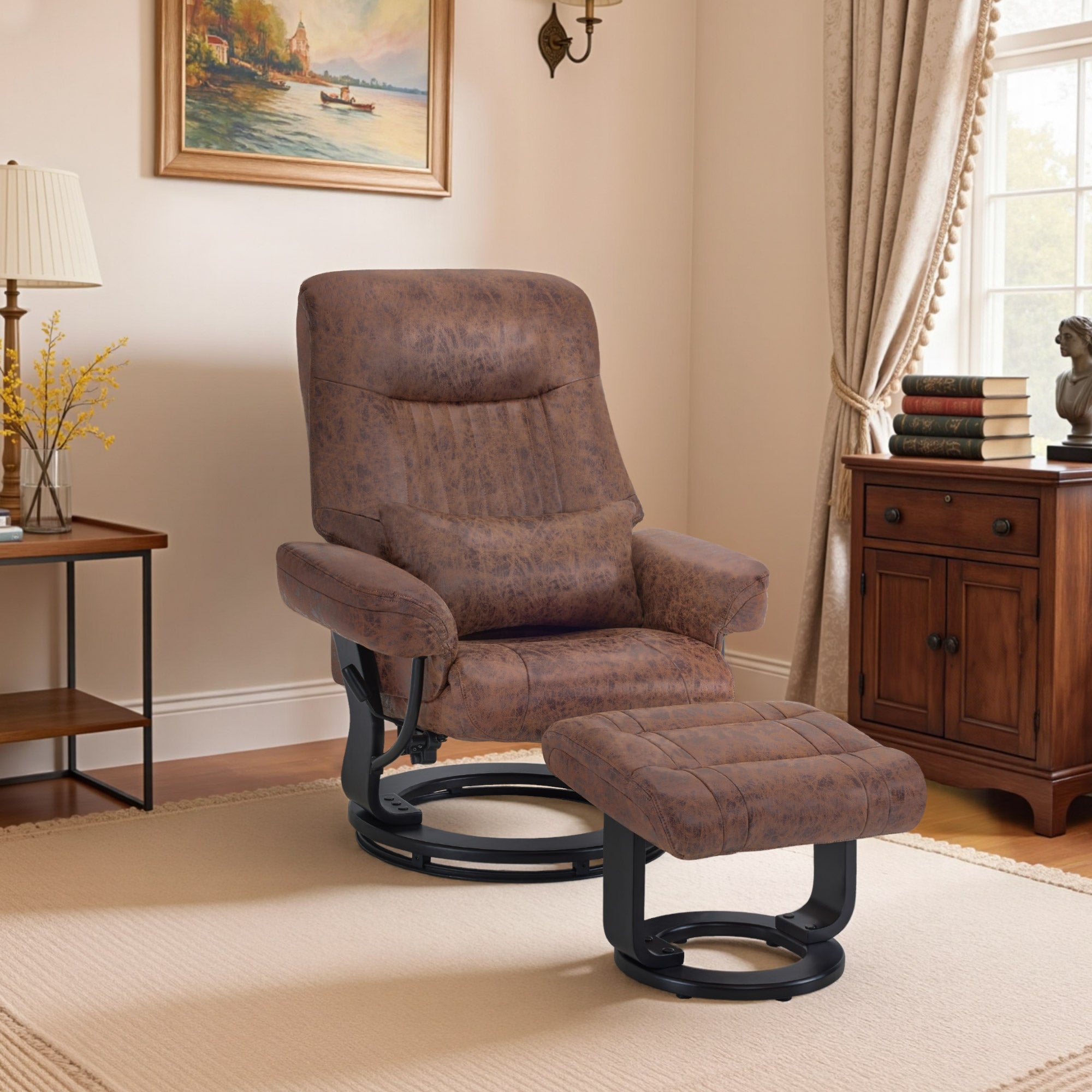 Fauteuil inclinable M MCombo avec fonction inclinable, fauteuil de lecture, fauteuil TV pivotant à 360° avec repose-pieds, coussin et poche latérale, capacité de charge jusqu'à 120 kg, fauteuil TV pour salon, 9035