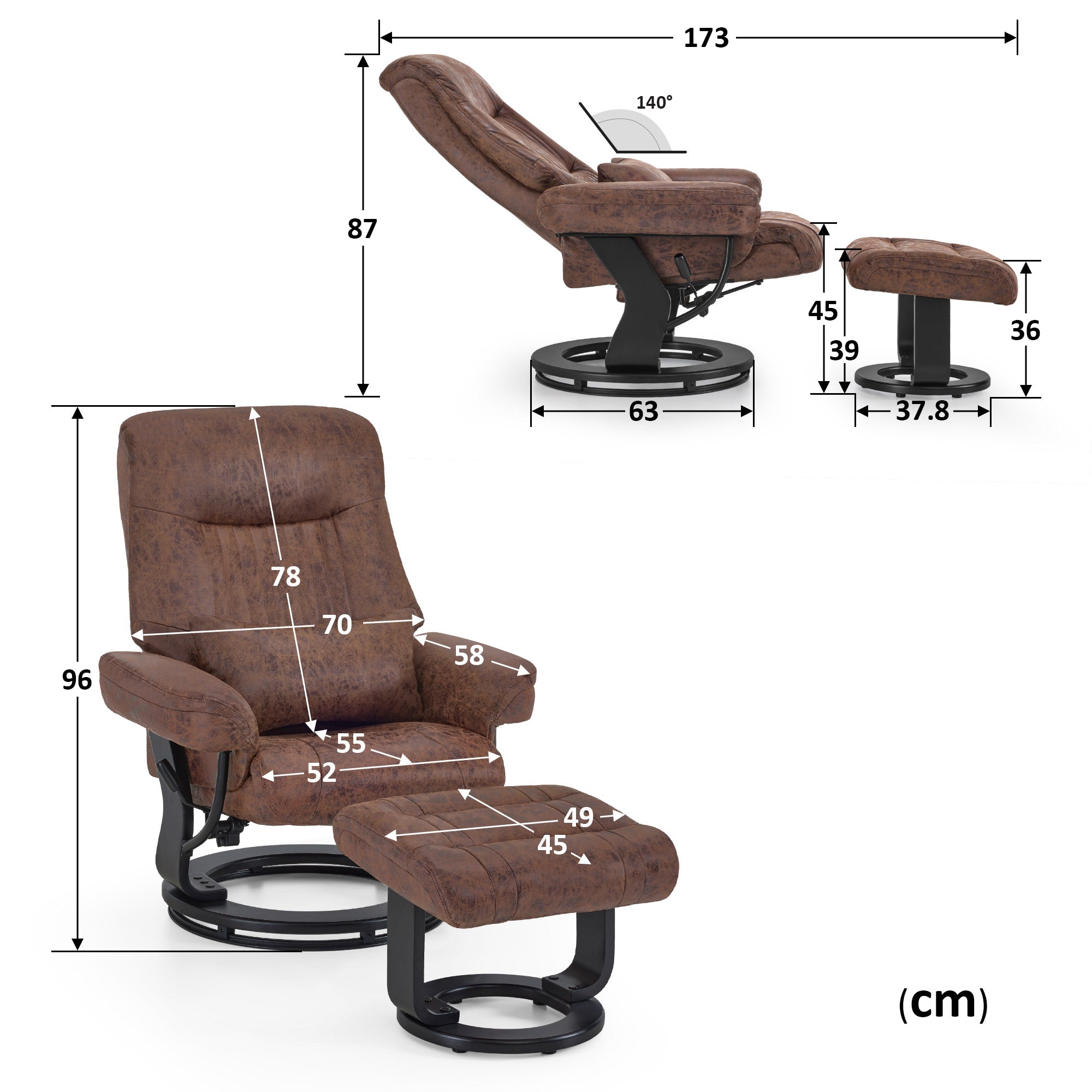 Fauteuil inclinable M MCombo avec fonction inclinable, fauteuil de lecture, fauteuil TV pivotant à 360° avec repose-pieds, coussin et poche latérale, capacité de charge jusqu'à 120 kg, fauteuil TV pour salon, 9035