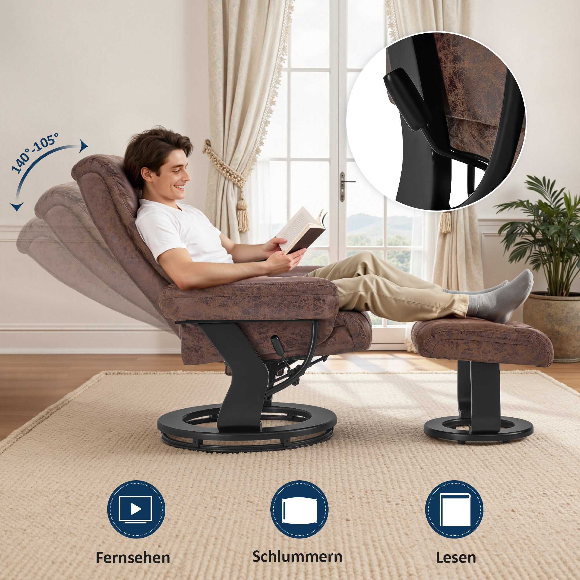 Fauteuil inclinable M MCombo avec fonction inclinable, fauteuil de lecture, fauteuil TV pivotant à 360° avec repose-pieds, coussin et poche latérale, capacité de charge jusqu'à 120 kg, fauteuil TV pour salon, 9035